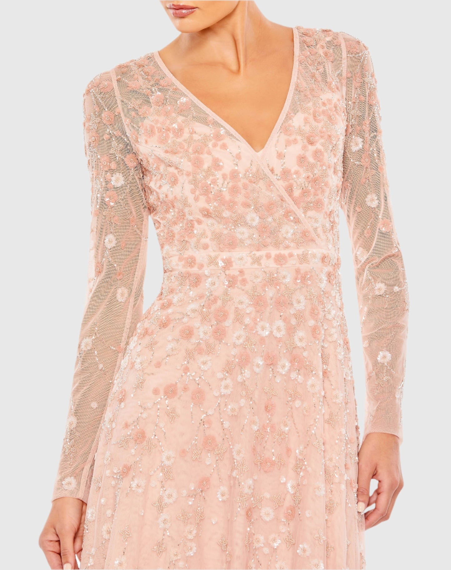 Embellished Wrap Over Illusion Long Sleeve A Line Gown