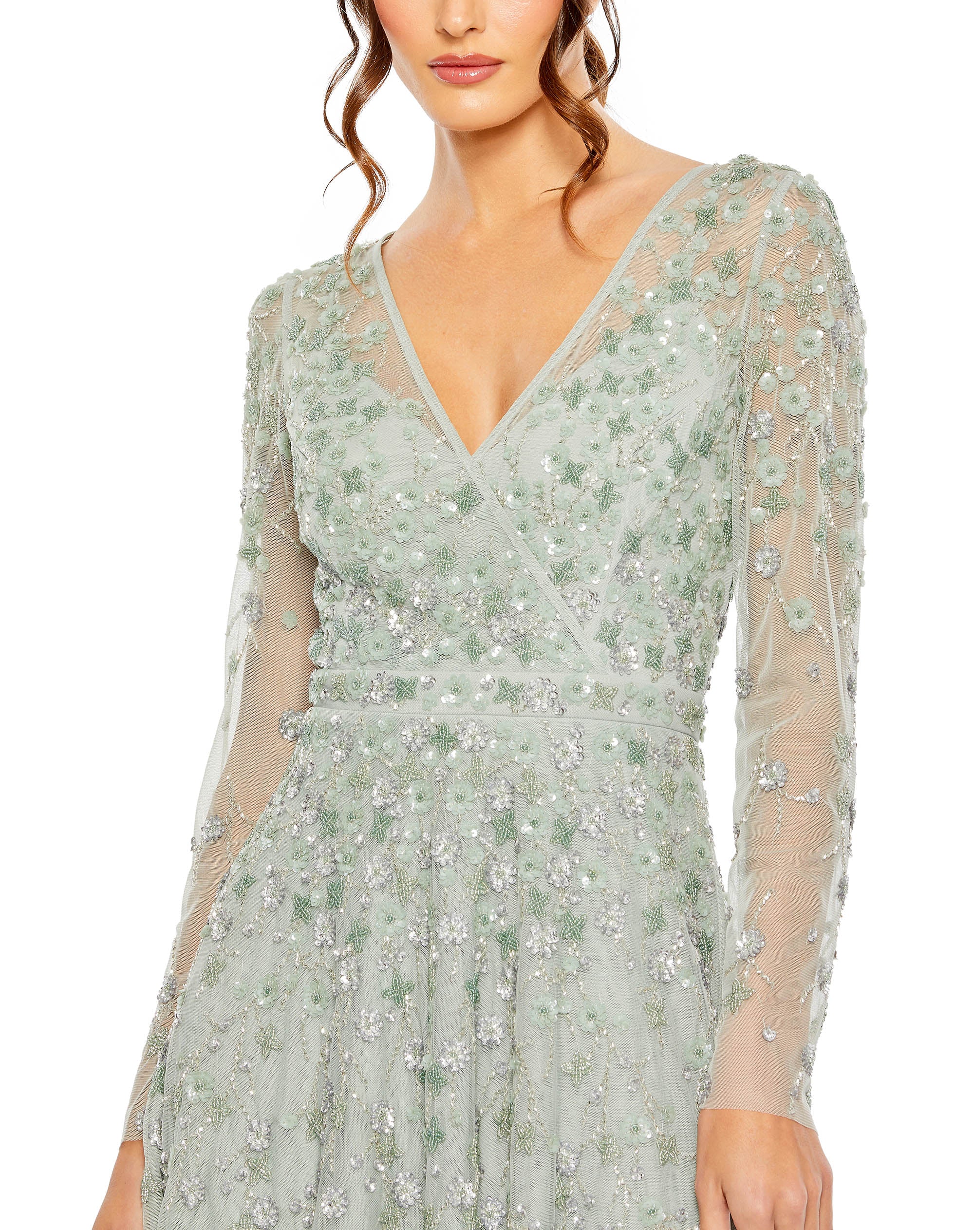 Embellished Wrap Over Illusion Long Sleeve A Line Gown