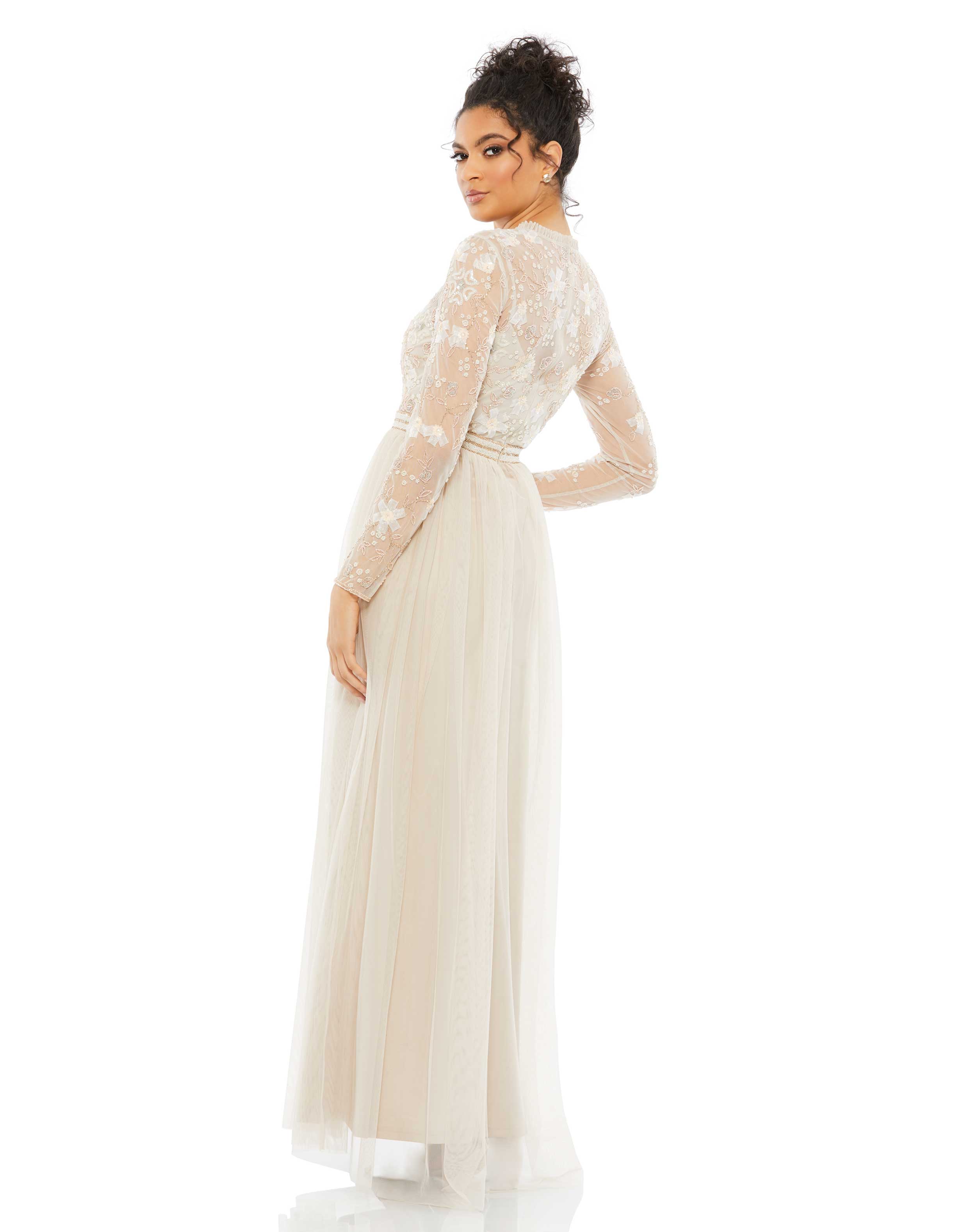 Embellished Illusion High Neck Long Sleeve Gown