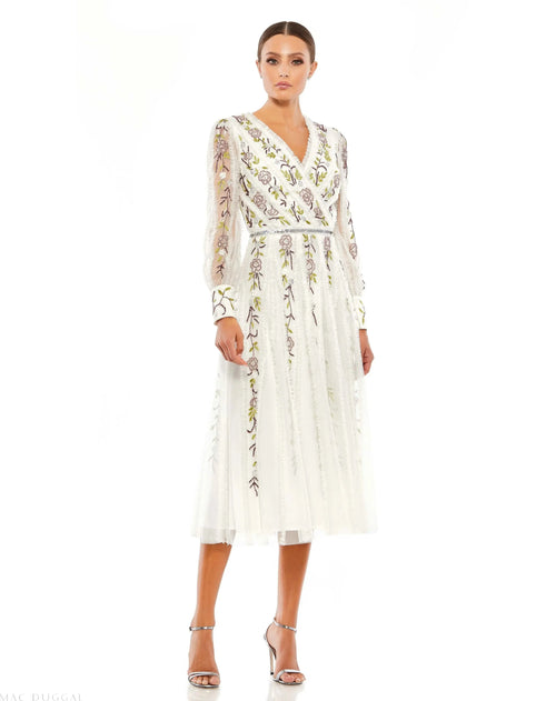 White Long Sleeve Embroidered Wrap Midi Dress - Mac Duggal