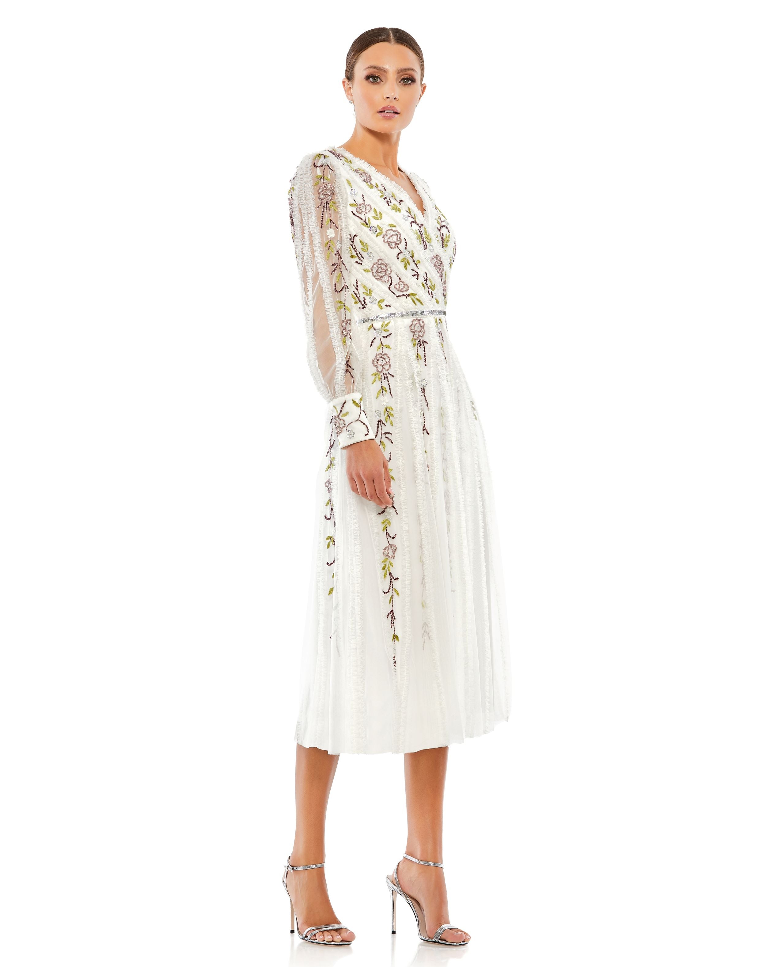 Long Sleeve Embroidered Wrap Midi Dress