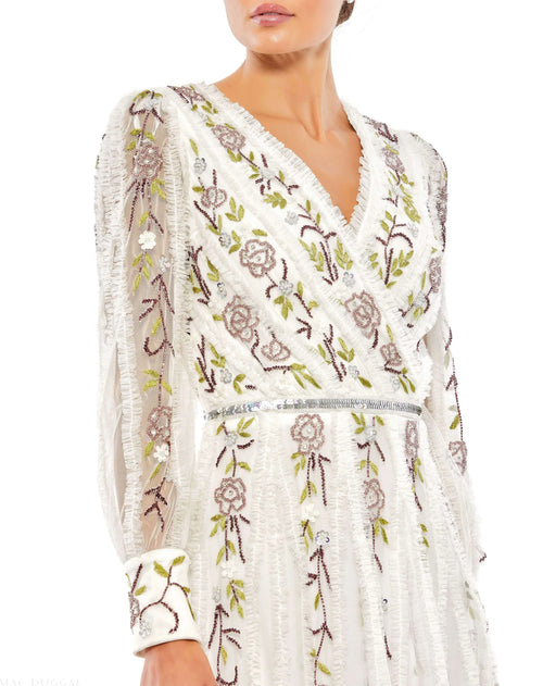 White Long Sleeve Embroidered Wrap Midi Dress - Mac Duggal