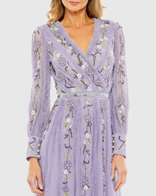 Long Sleeve Embroidered Wrap Midi Dress