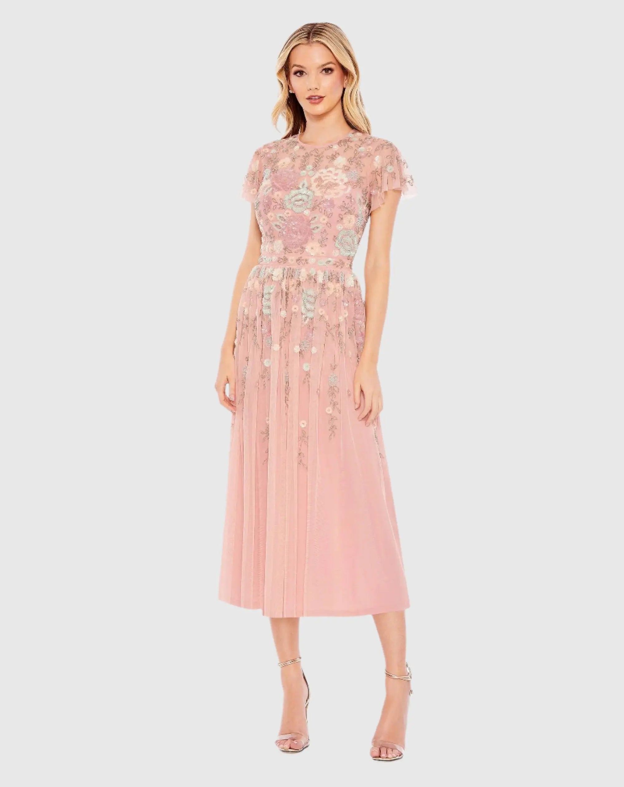 mac duggal pink embroidered flutter sleeve a-line dress Mac Duggal Embroidered Floral Appliqu Flutter Sleeve Gown