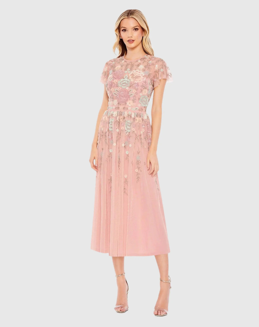 Pink Embellished Illusion High Neck Butterfly Sleeve Midi Dress - Mac Duggal