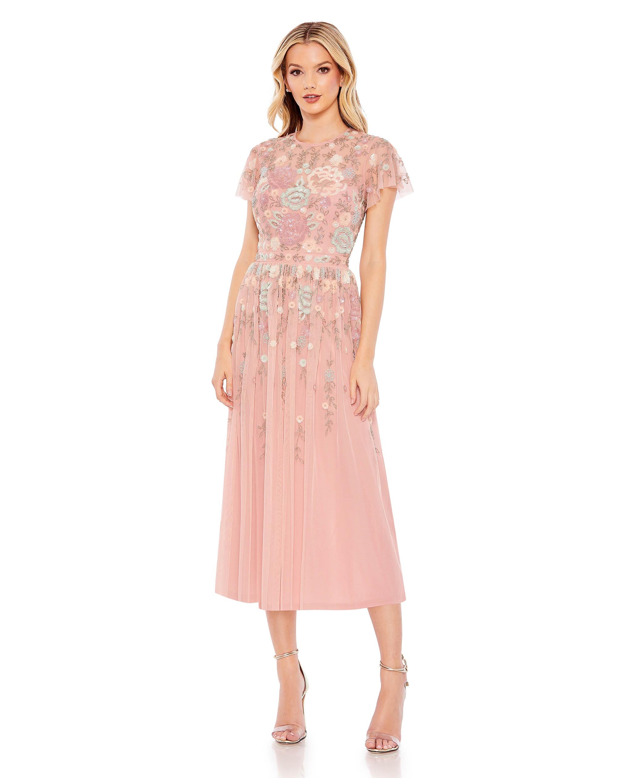 Embellished Illusion High Neck Butterfly Sleeve Midi Dress