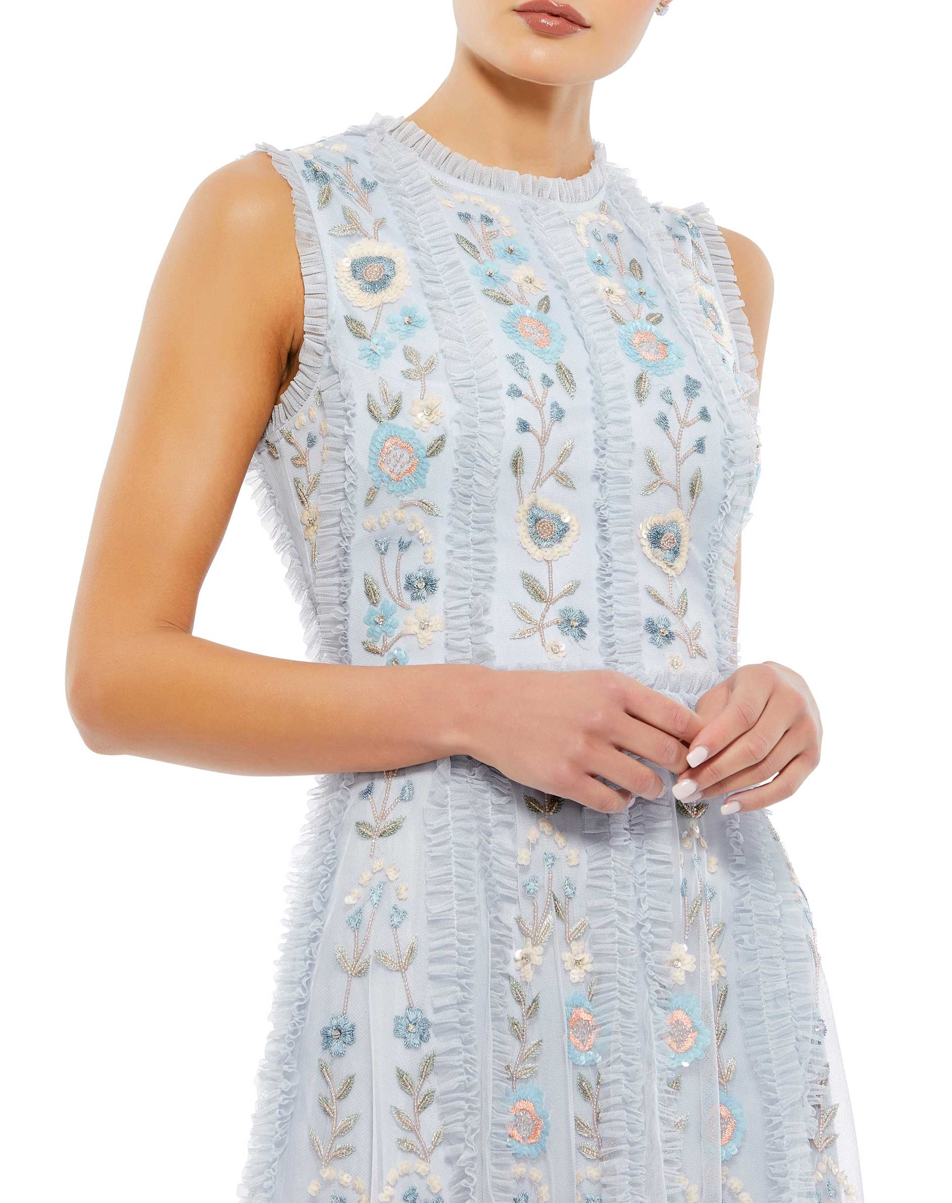 Sleeveless High Neck Embroidered Mini Dress