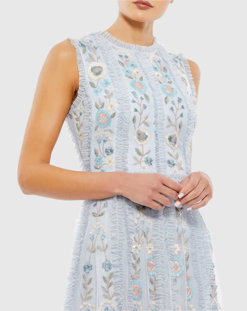 Blue Sleeveless High Neck Embroidered Mini Dress