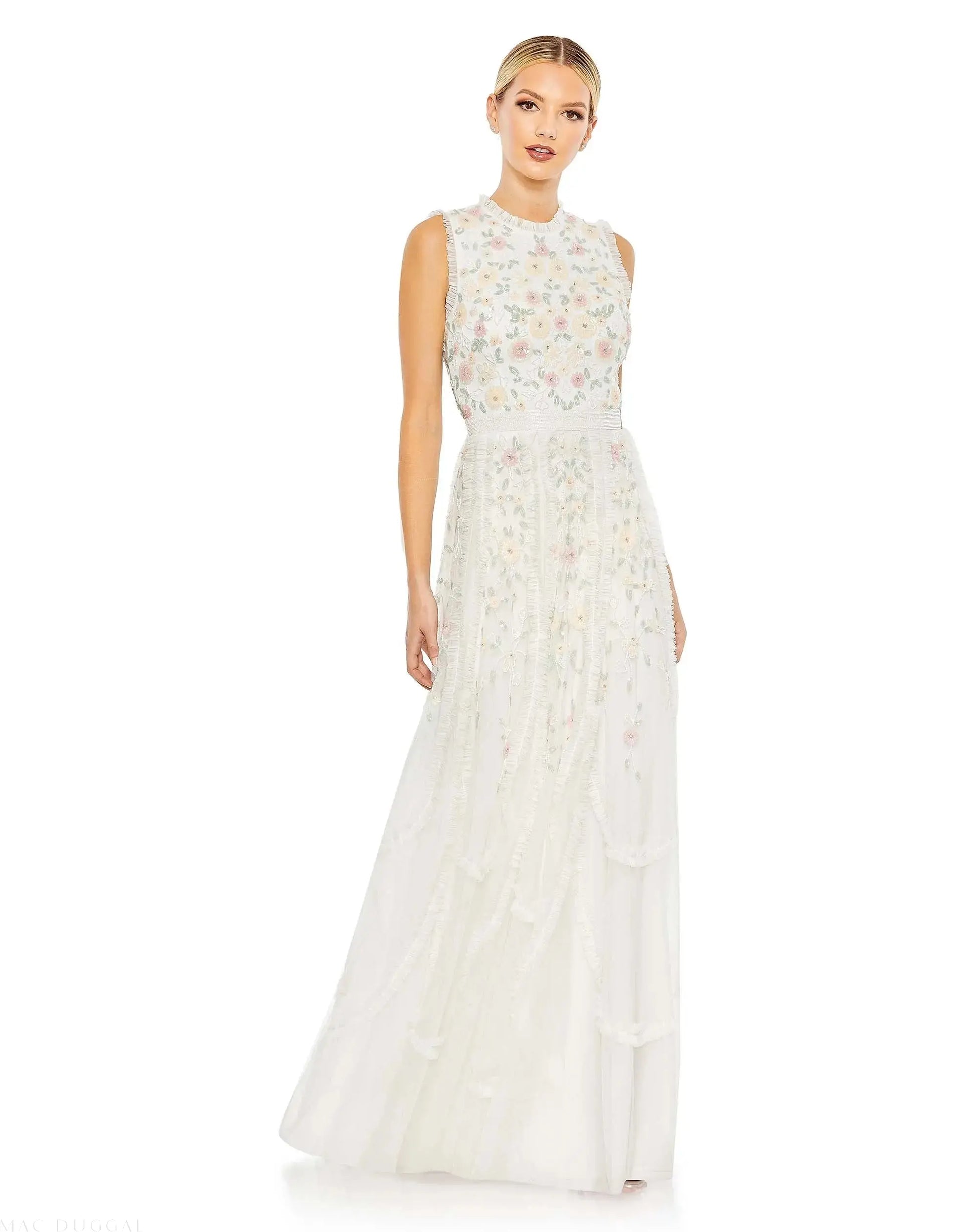 Ivory Embroidered High Neck Sleeveless Ruffled Gown - FINAL SALE - Mac Duggal