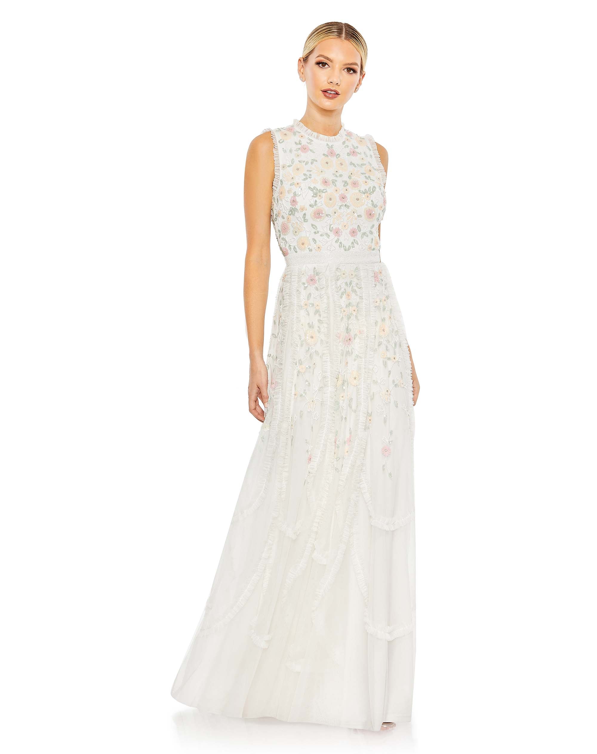 white embroidered beaded high-neck dress 