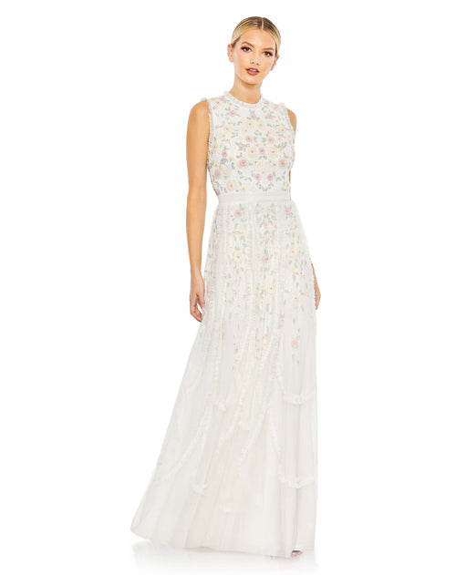 Embroidered High Neck Sleeveless Ruffled Gown