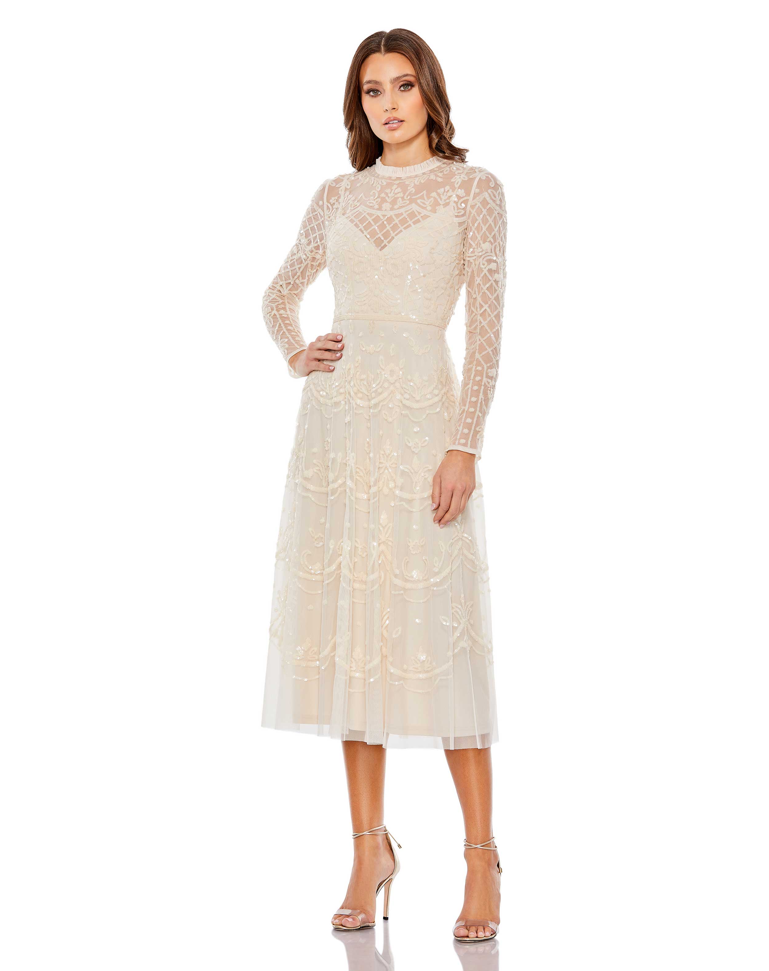 Sequined Illusion High Neck Long Sleeve Midi Dress