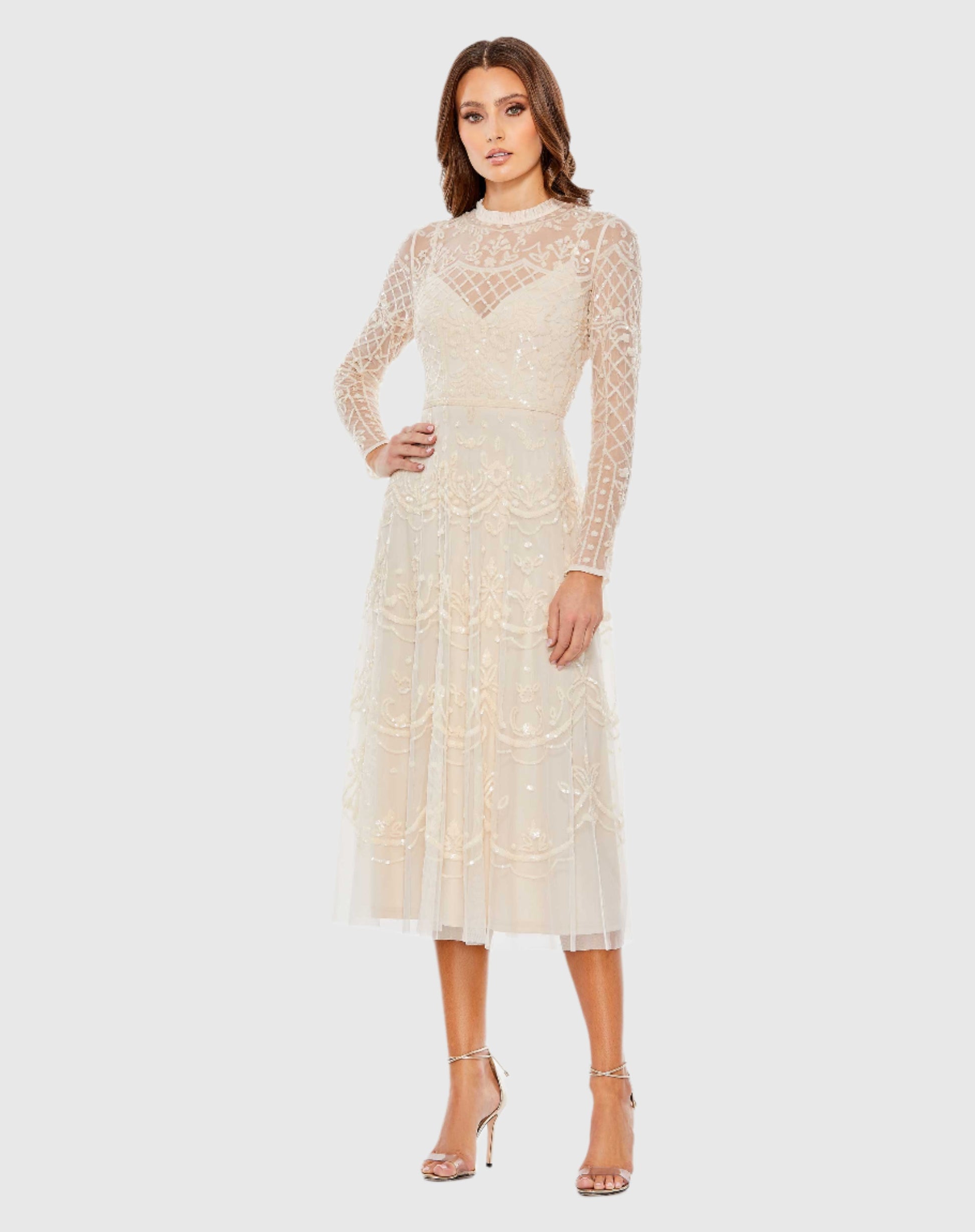 Sequined Illusion High Neck Long Sleeve Midi Dress