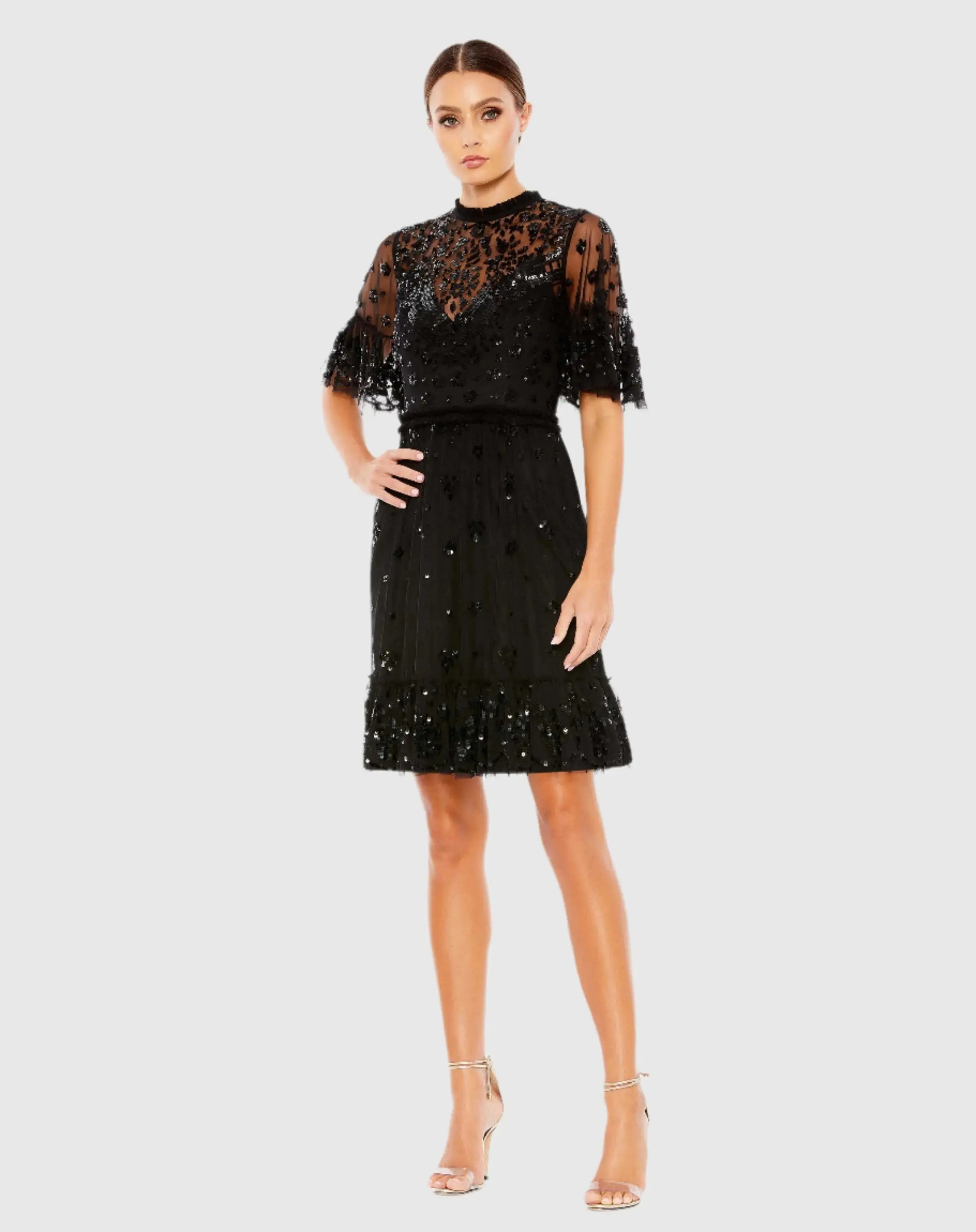 Black Embellished Illusion High Neck Mini Dress - Mac Duggal