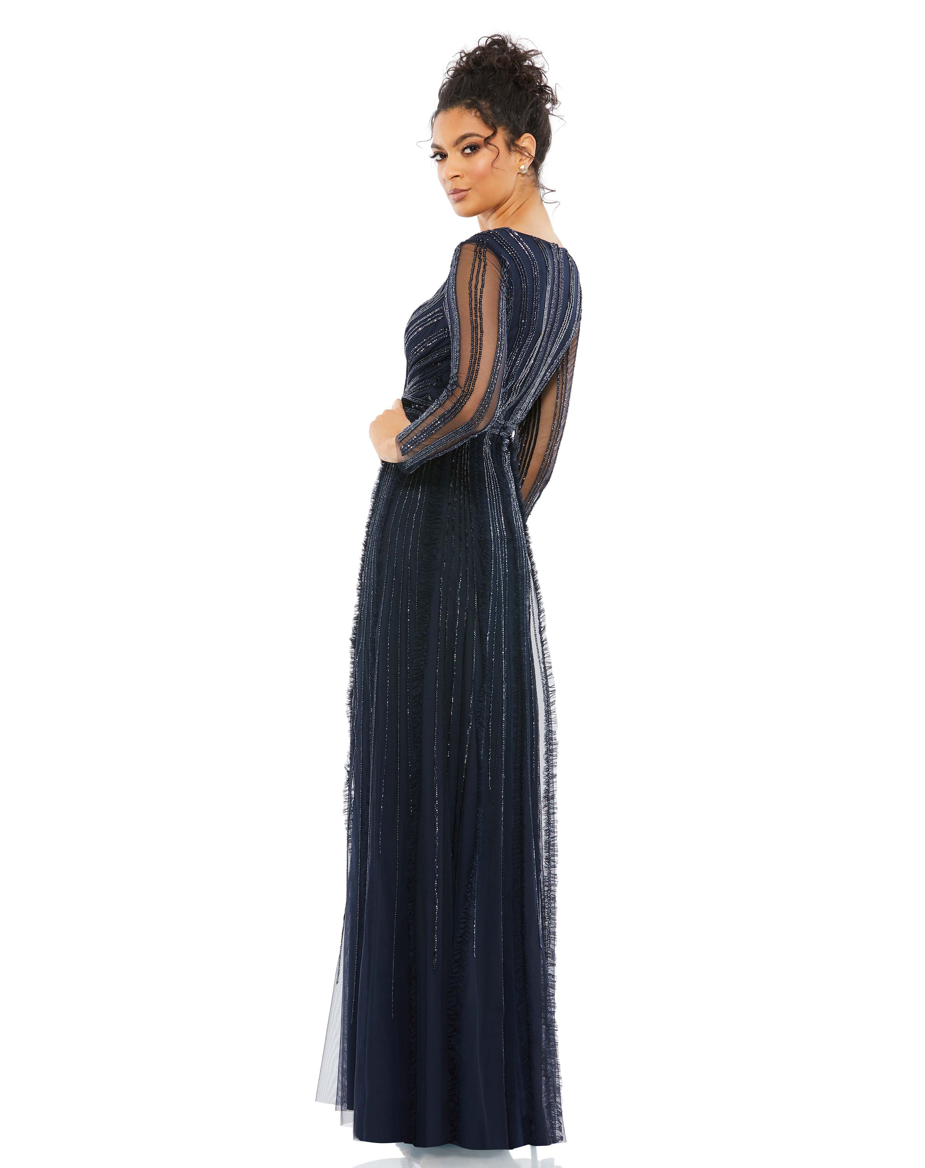Faux Wrap Illusion Long Sleeve Gown