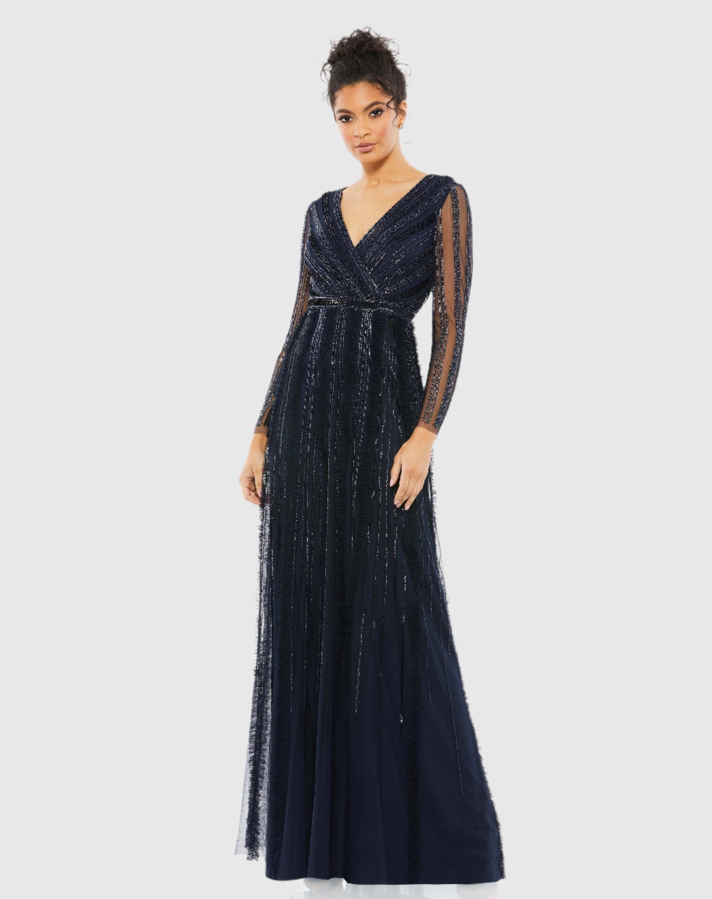 Faux Wrap Illusion Long Sleeve Gown