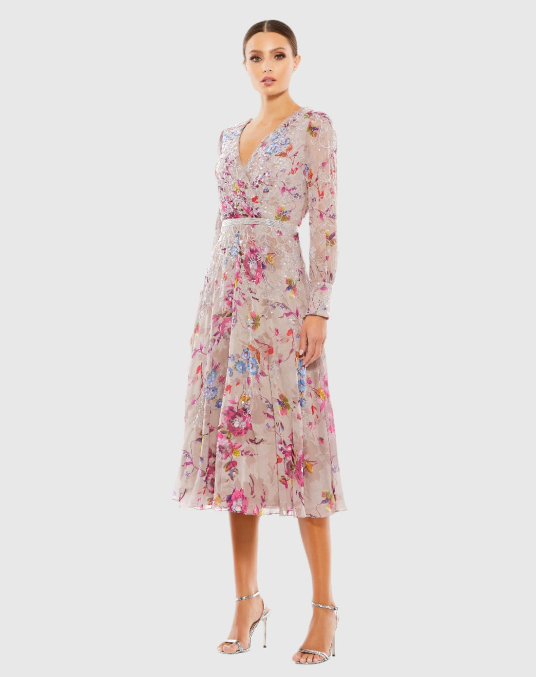 Mac Duggal Embellished Floral Long Sleeve Midi Dress - Mauve Multi Mac Duggal Embellished Floral Long Sleeve Midi Dress - Mauve Multi