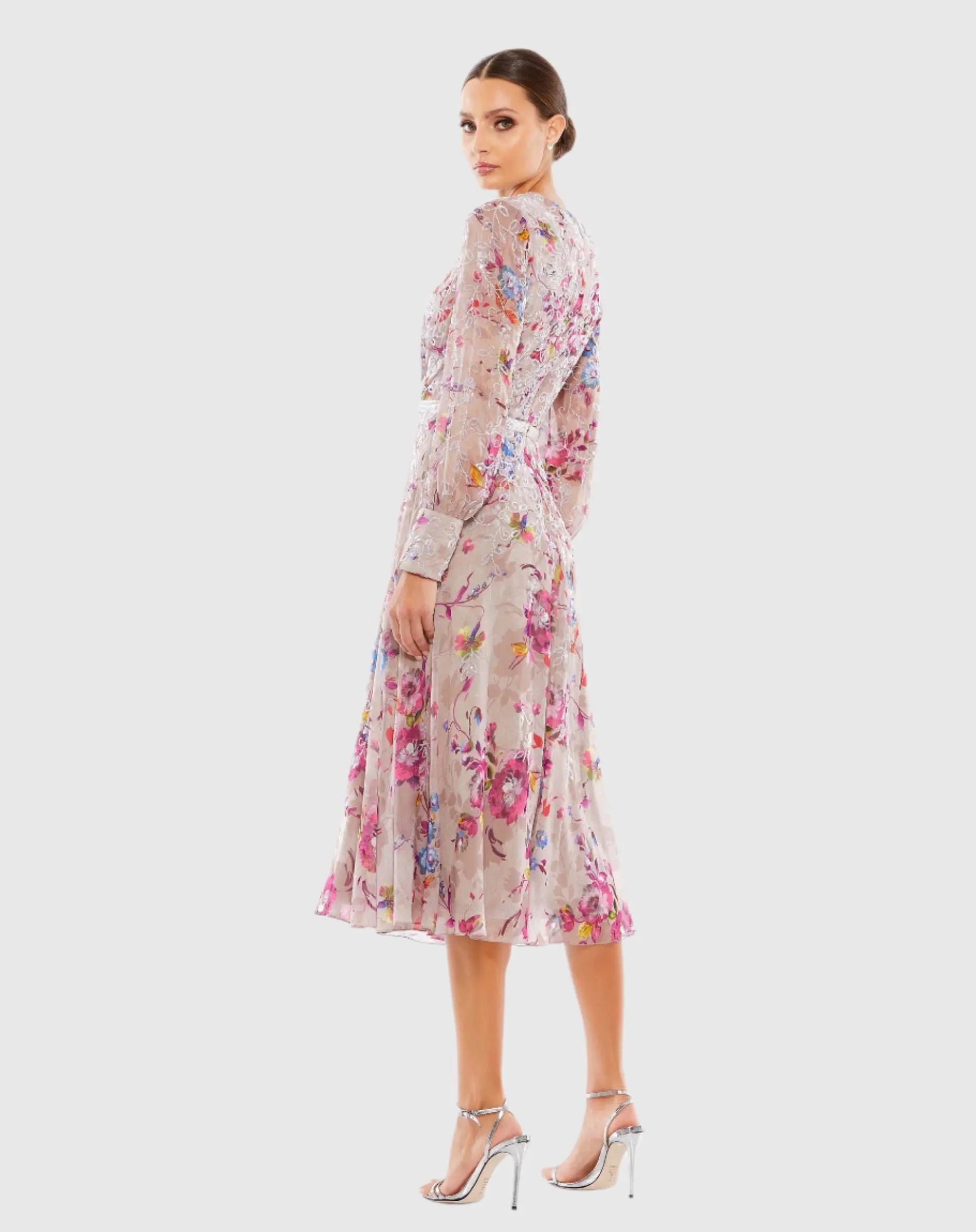Hand Embellished Floral Long Sleeve Midi Dress - Mac Duggal