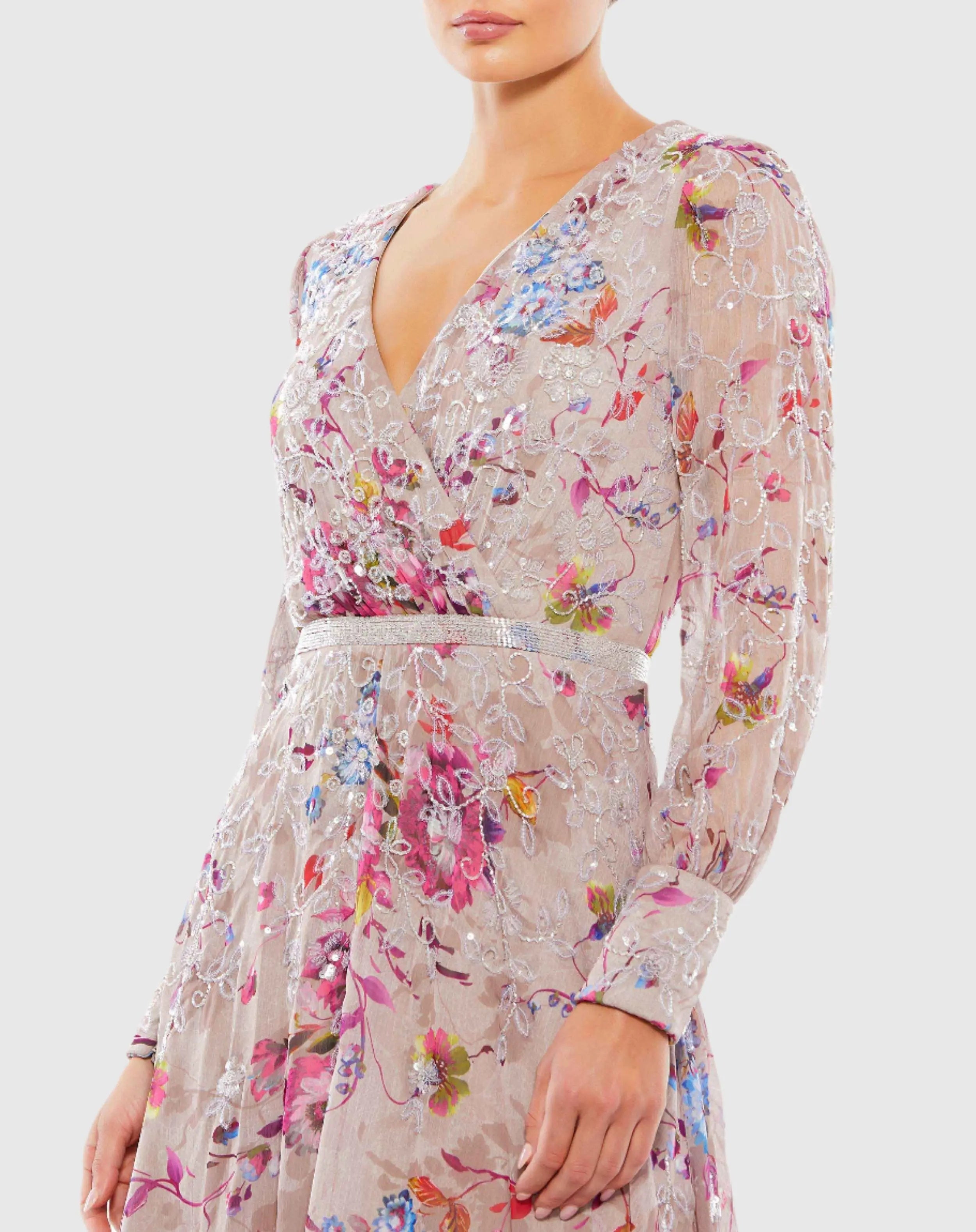 Hand Embellished Floral Long Sleeve Midi Dress - Mac Duggal