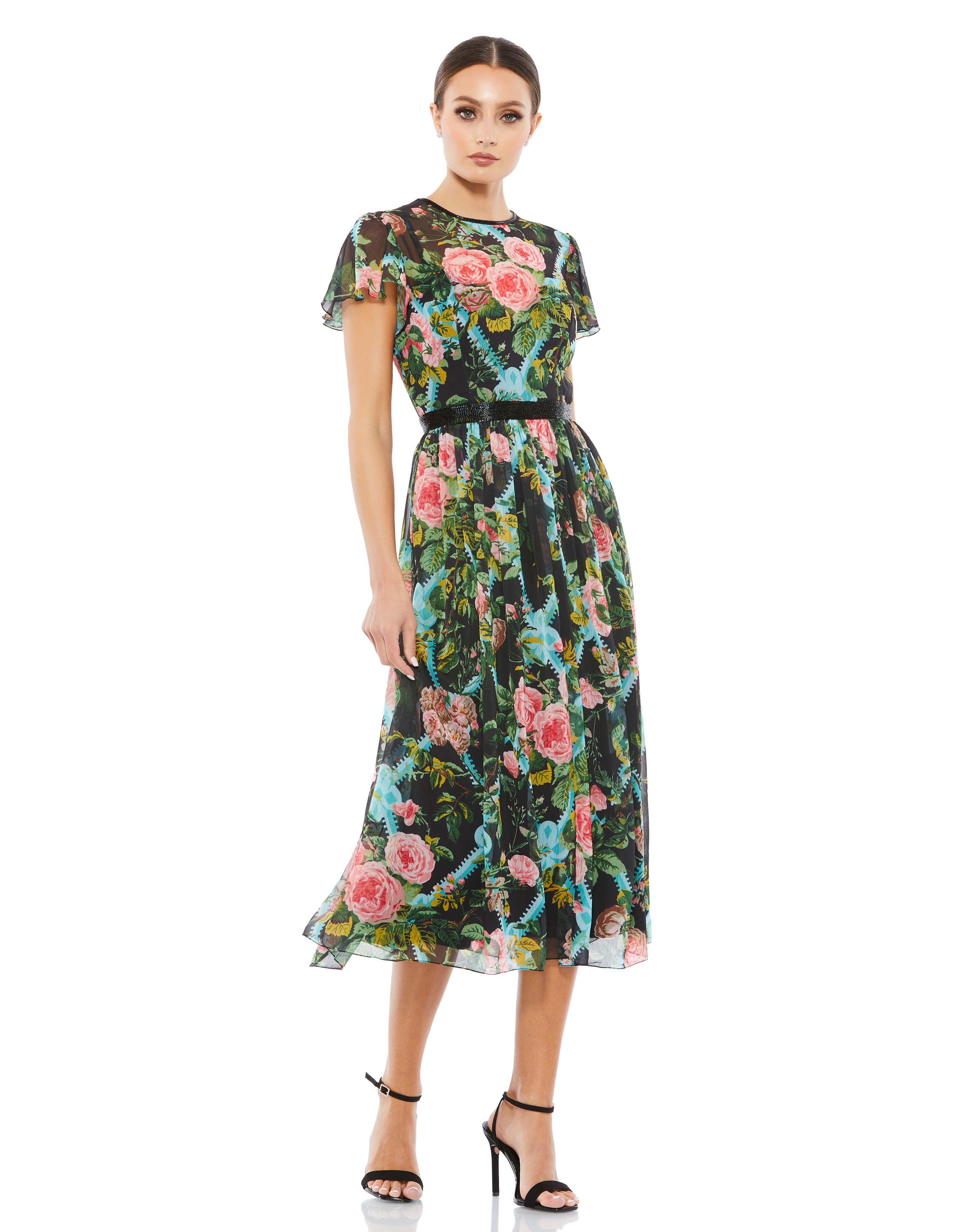 Floral Illusion Cap Sleeve Midi Dress