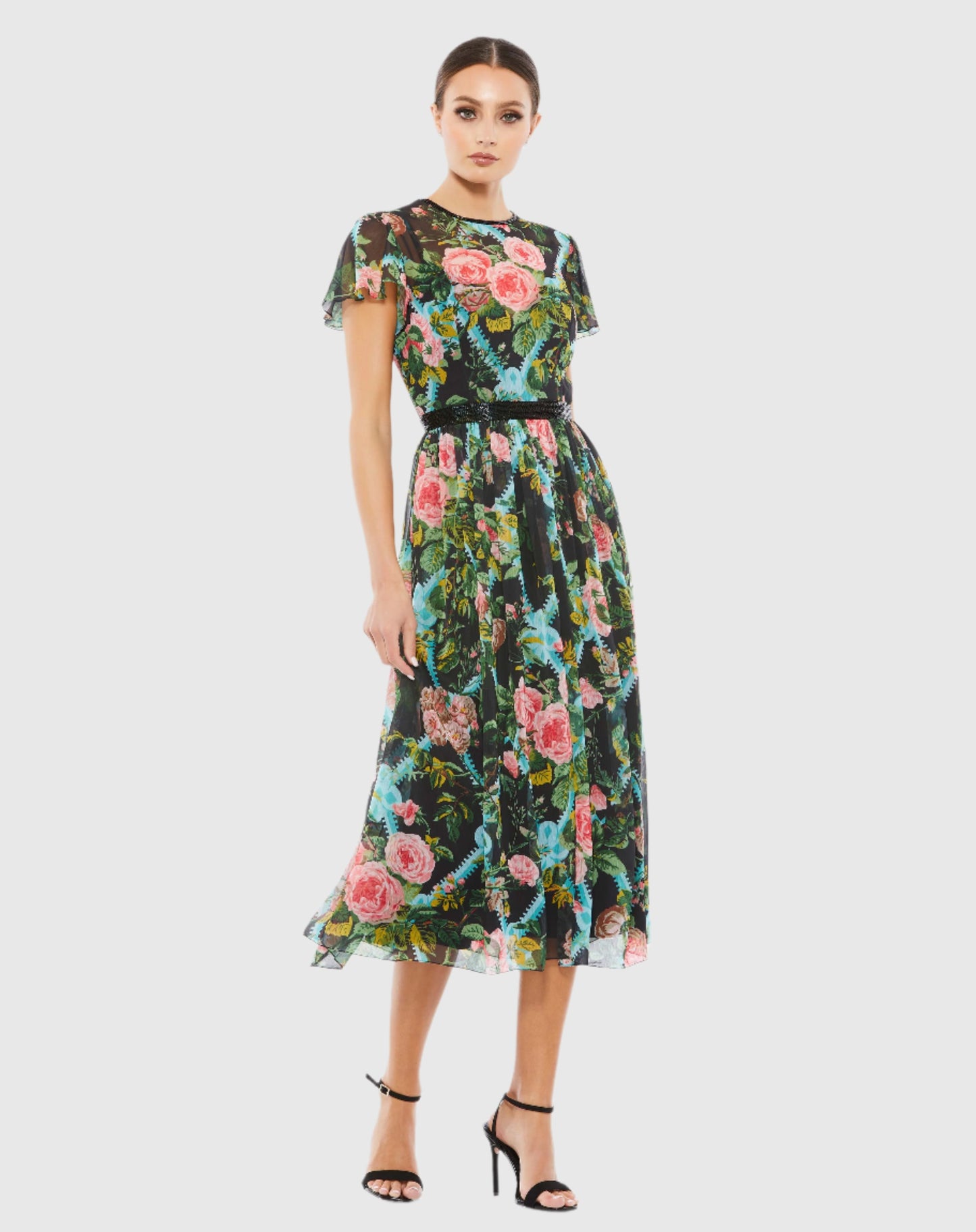 Floral Illusion Cap Sleeve Midi Dress