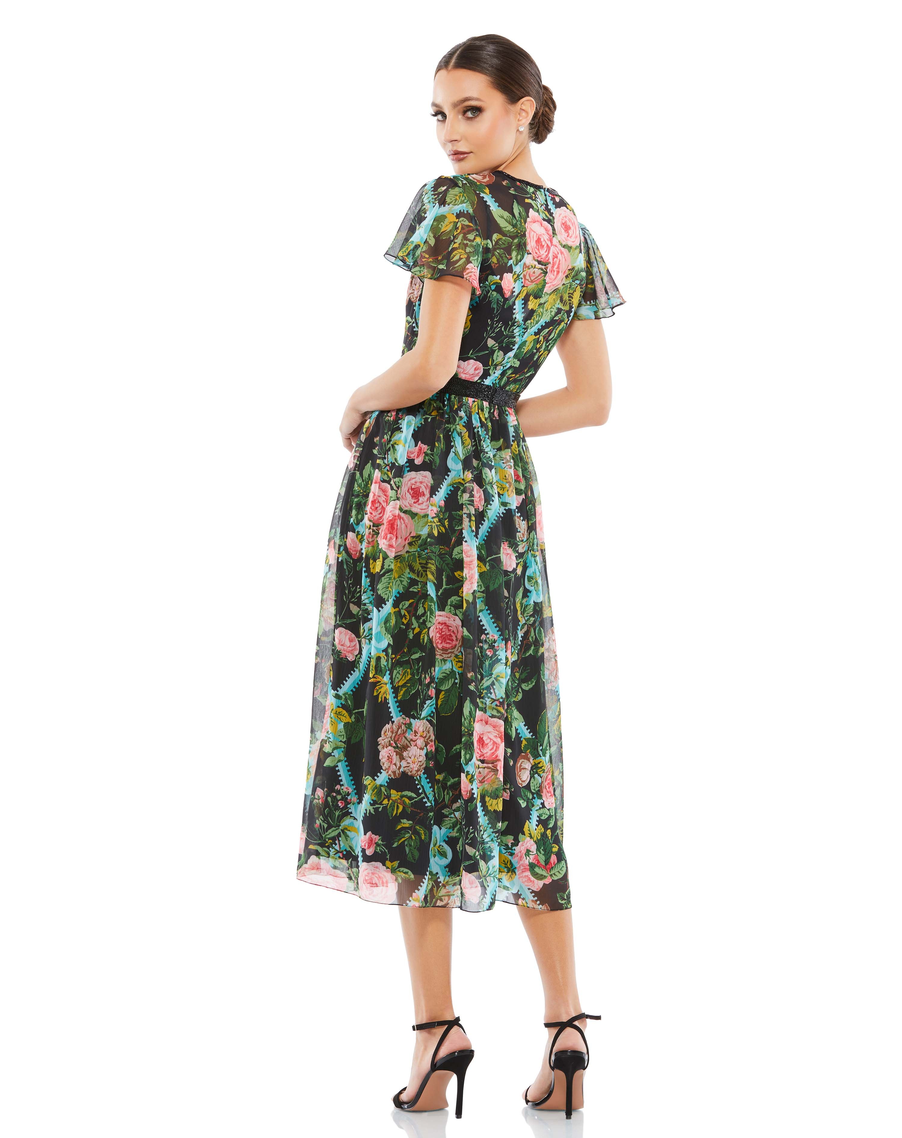 Floral Illusion Cap Sleeve Midi Dress