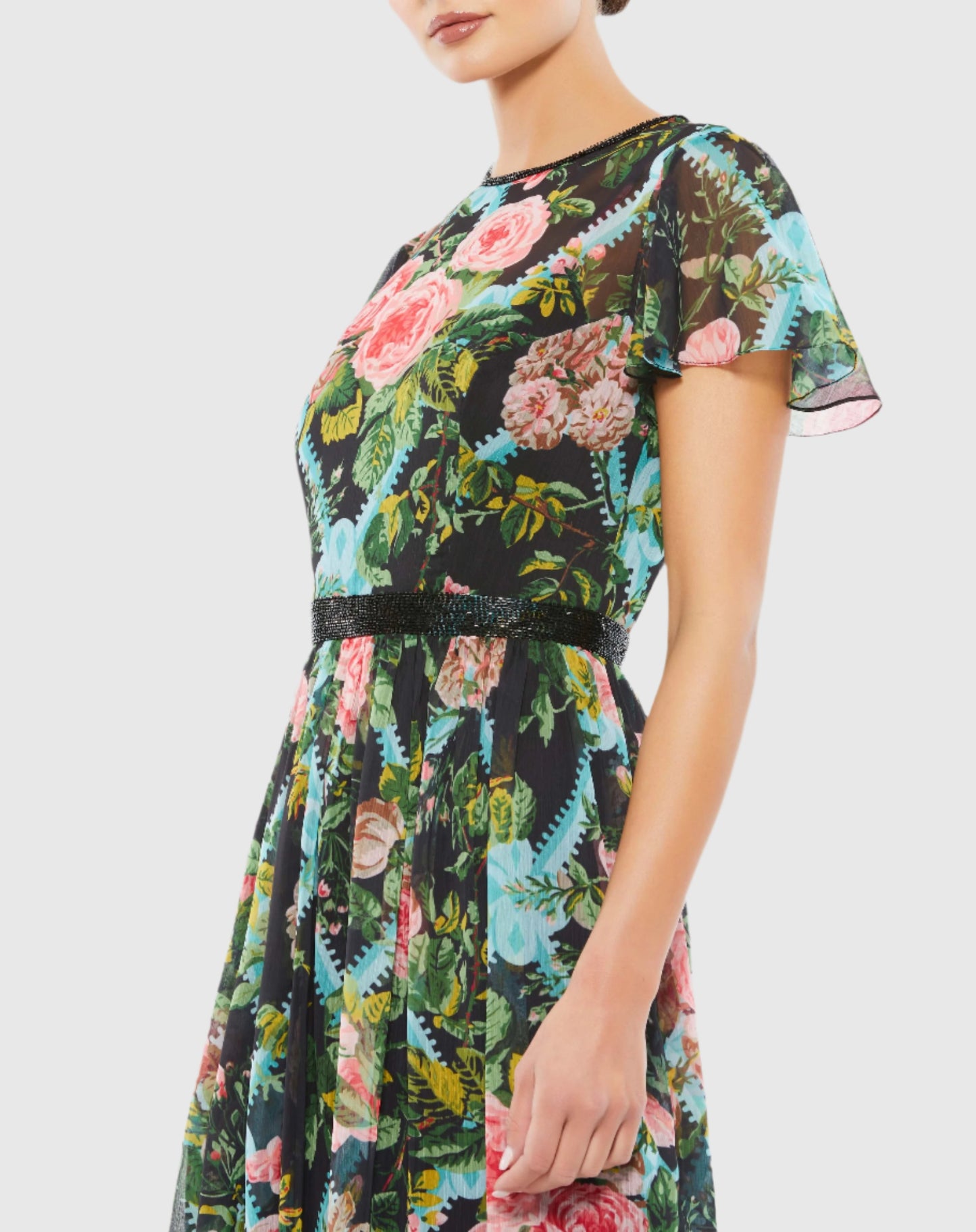 Vestido midi con manga japonesa y ilusión floral