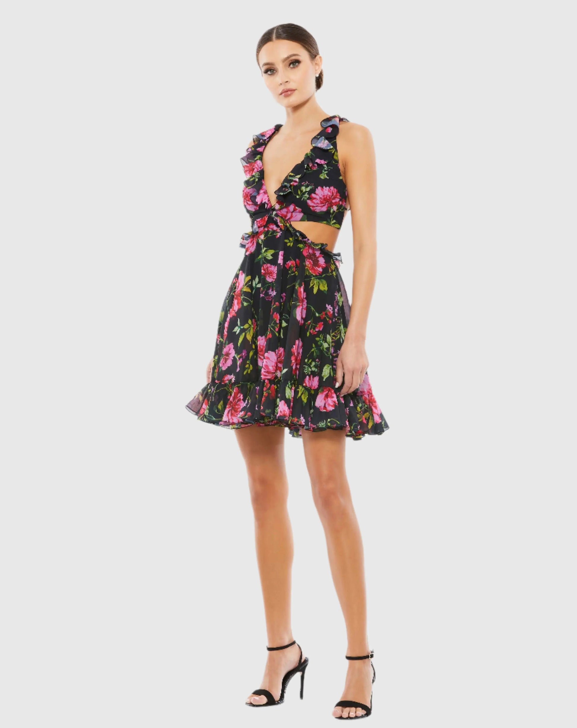 Ruffle Cut Out Lace Up Flowy Mini Dress| Mac Duggal