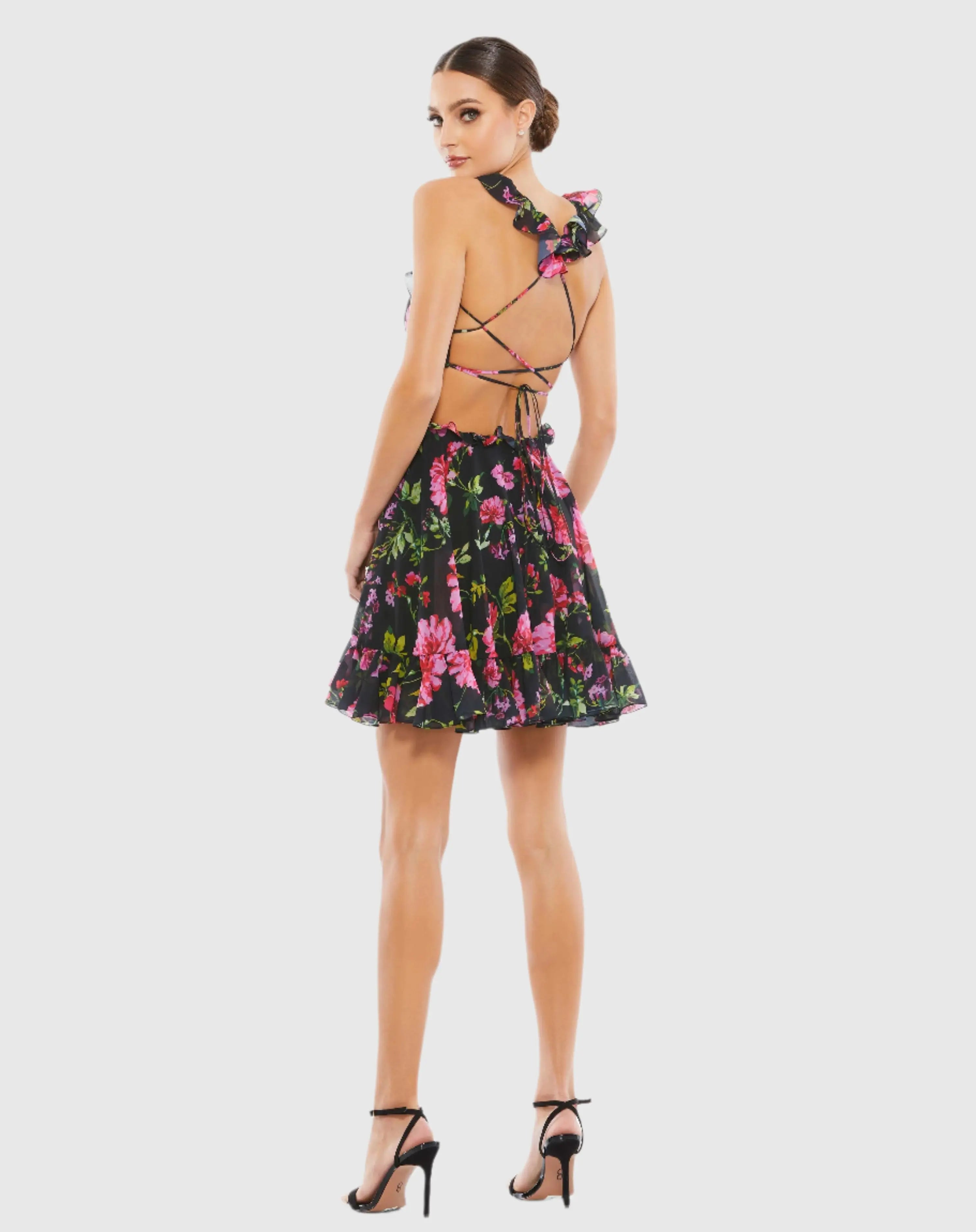 Black Ruffle Cut Out Lace Up Flowy Mini Dress - Ieena for Mac Duggal