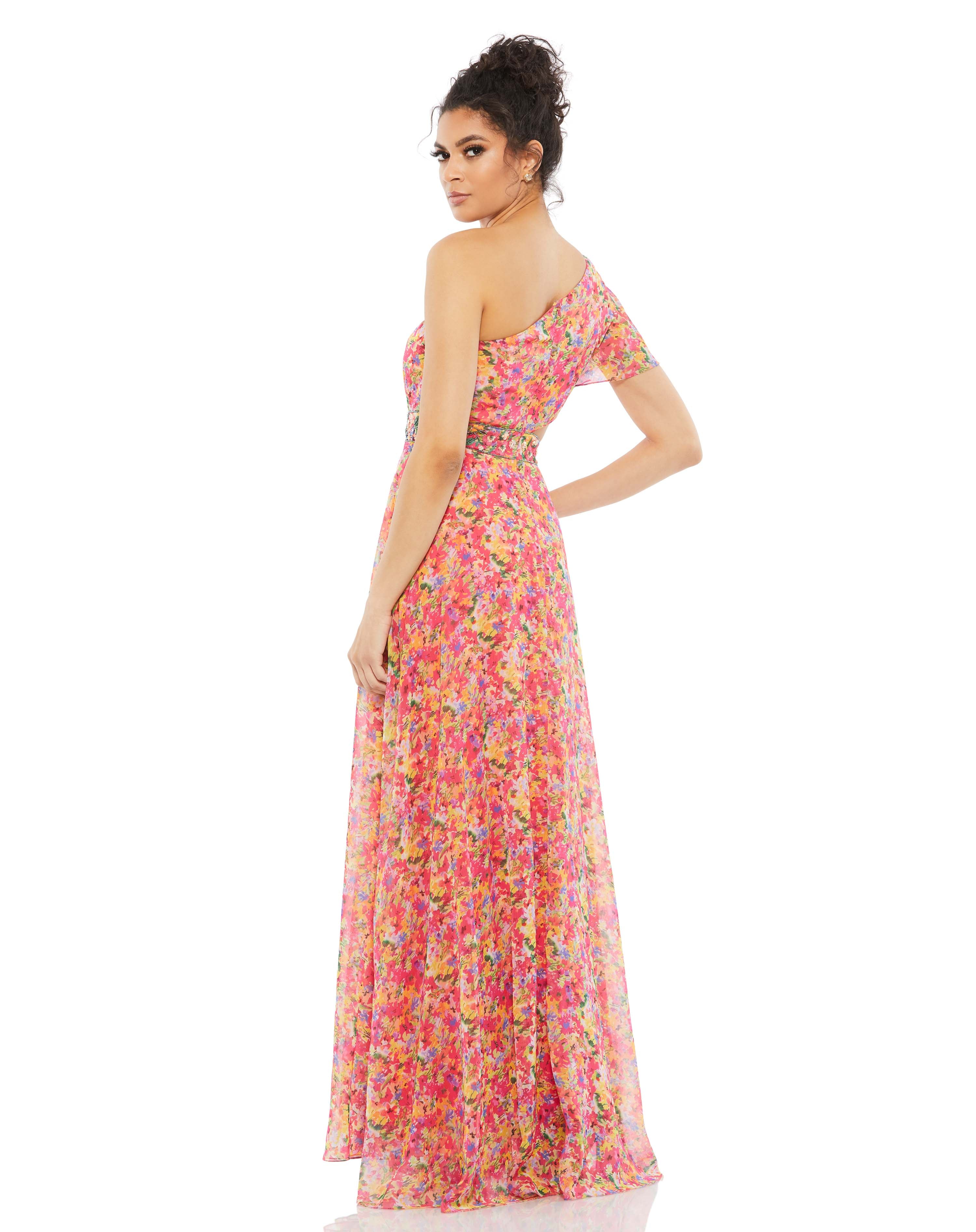 Floral Print One Shoulder Butterfly Sleeve A Line Gown - FINAL SALE