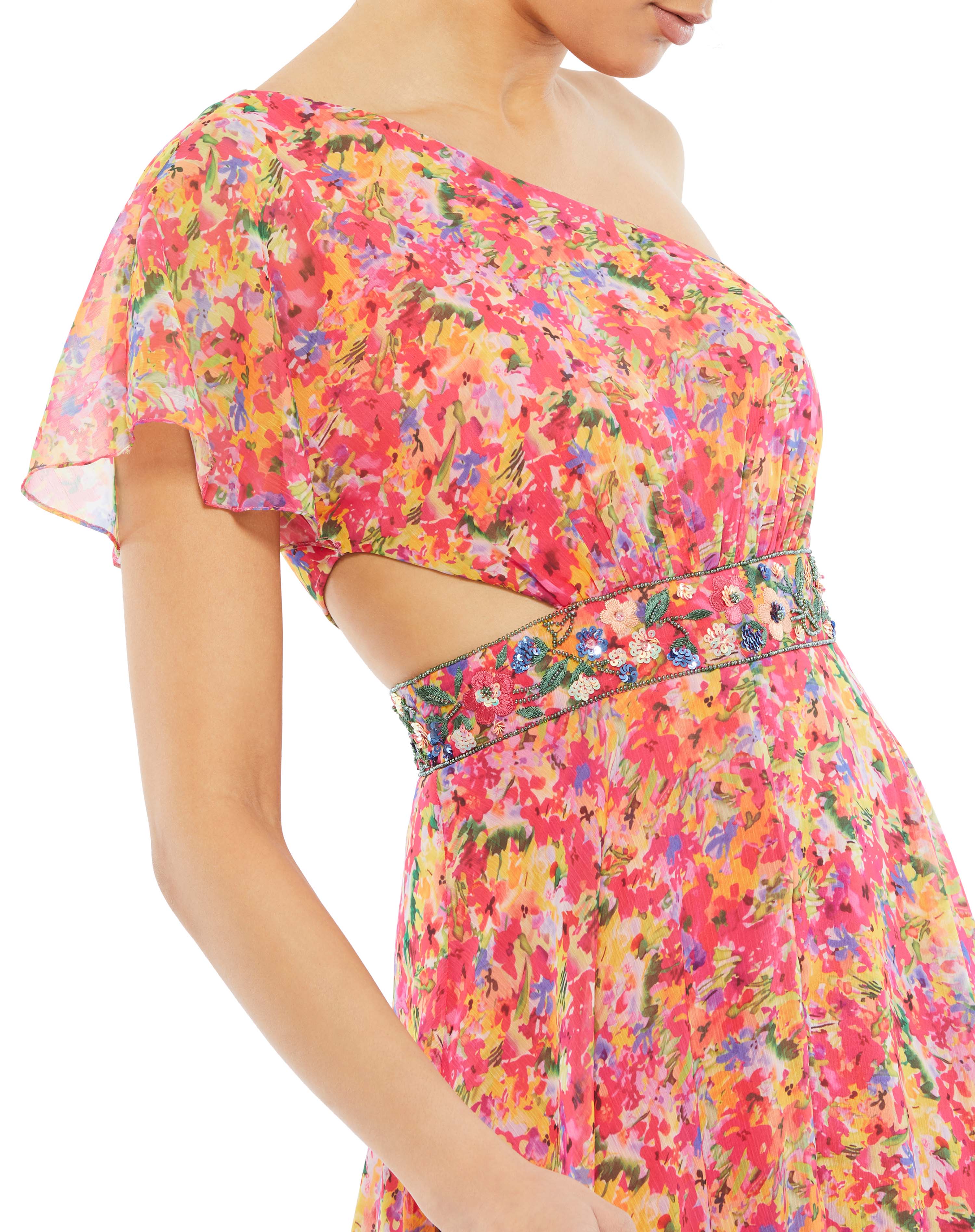 Floral Print One Shoulder Butterfly Sleeve A Line Gown - FINAL SALE