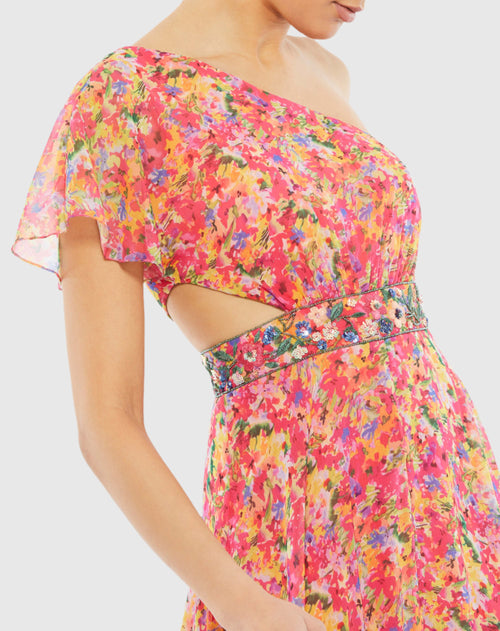 Floral Print One Shoulder Butterfly Sleeve A Line Gown - FINAL SALE