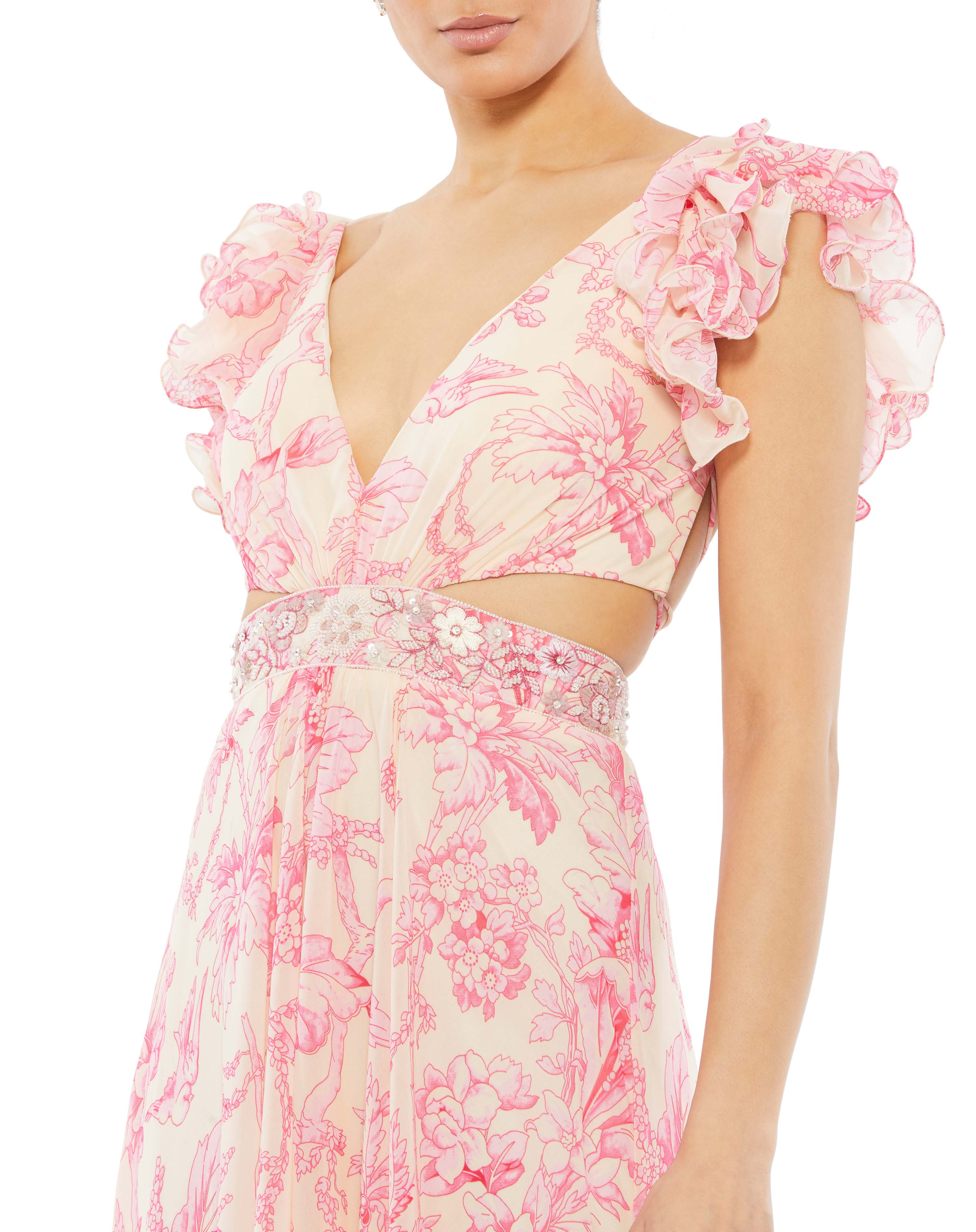 Floral Printed Ruffle Shoulder Lace Up Gown