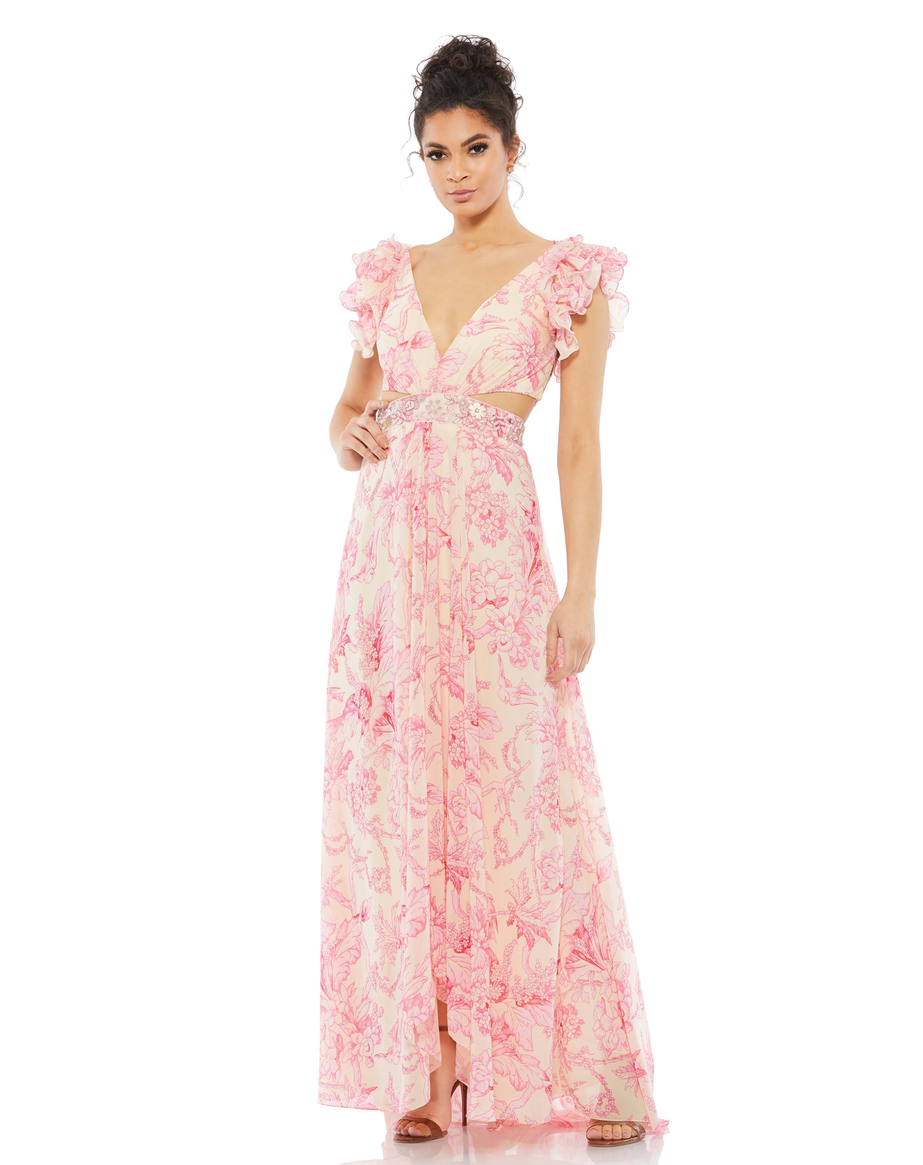Floral Printed Ruffle Shoulder Lace Up Gown