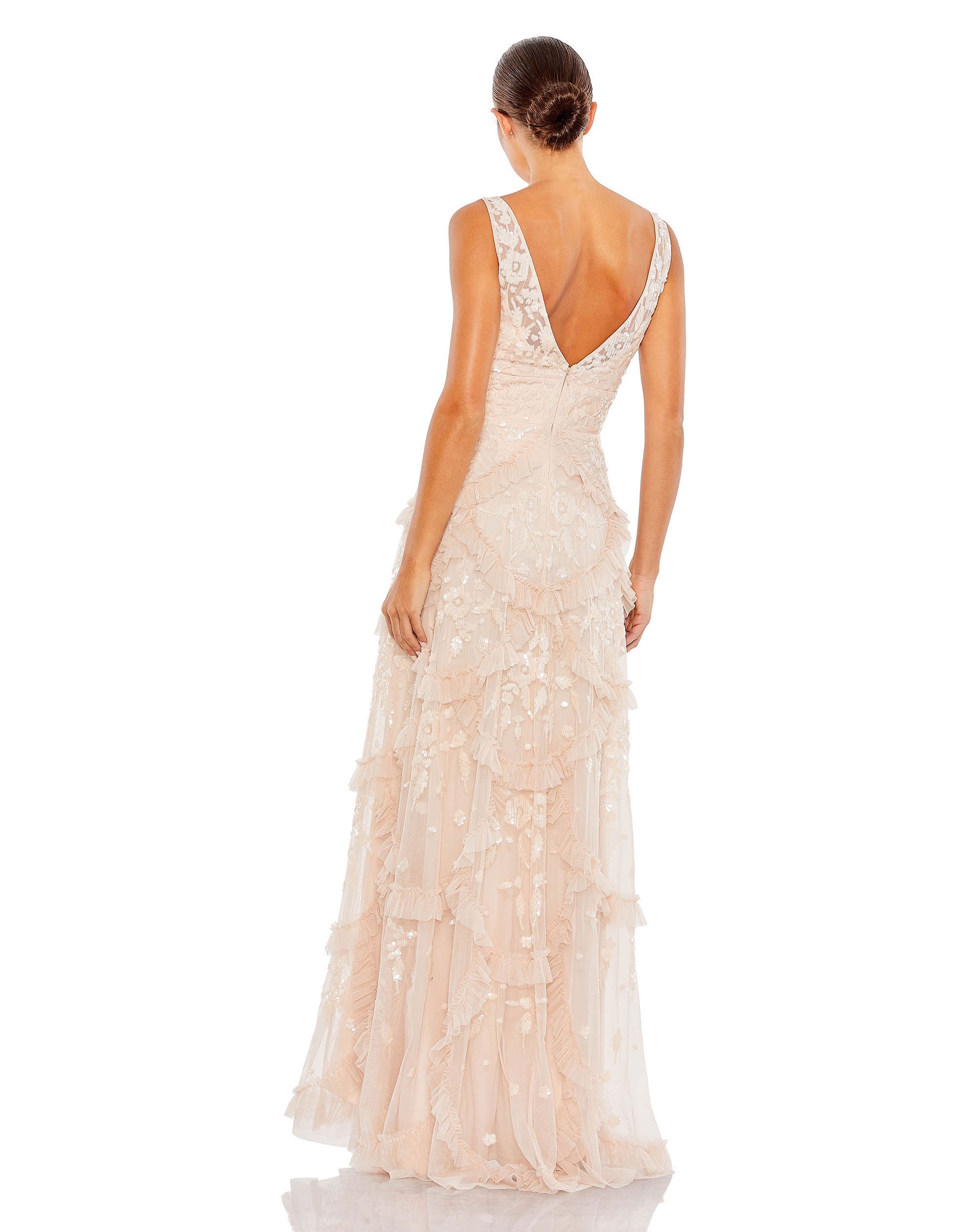 Sequined Scallop Ruffle Tiered V-Neck Gown