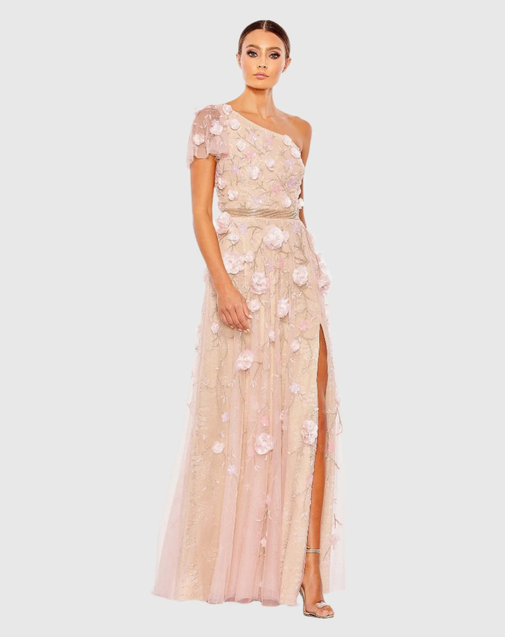 Pink Floral Embellished One Shoulder A Line Gown - Mac Duggal
