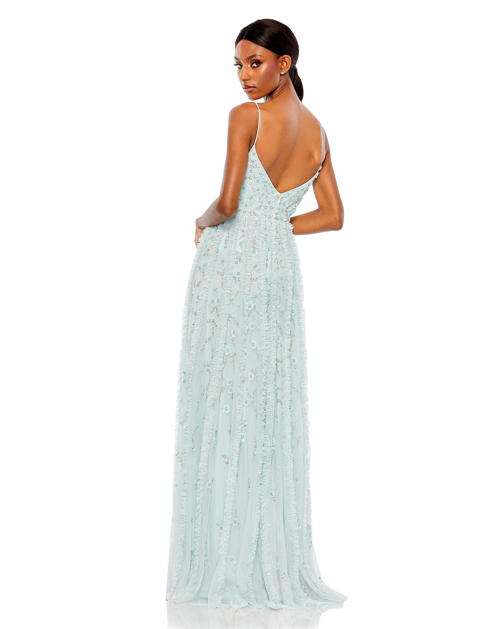 Embellished Ruffled Spaghetti Strap A Line Gown