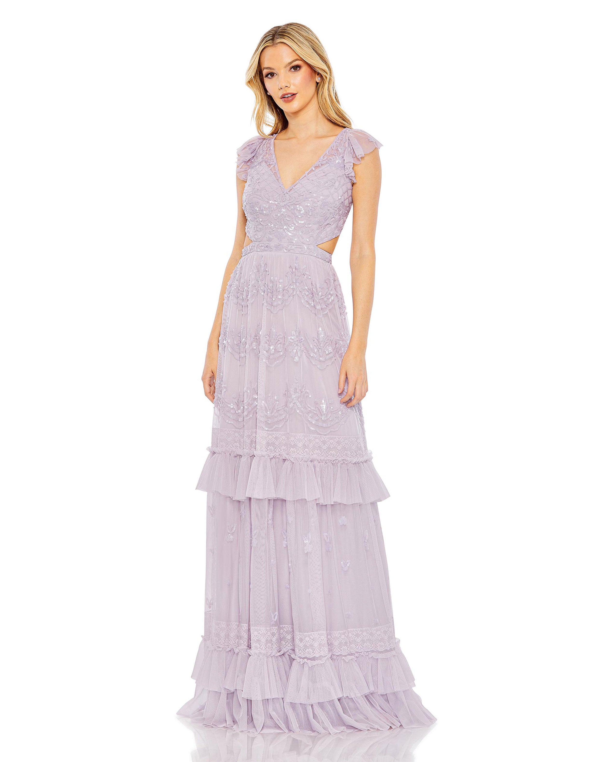 Sequined Ruffled Cap Sleeve Cut Out Tiered Gown