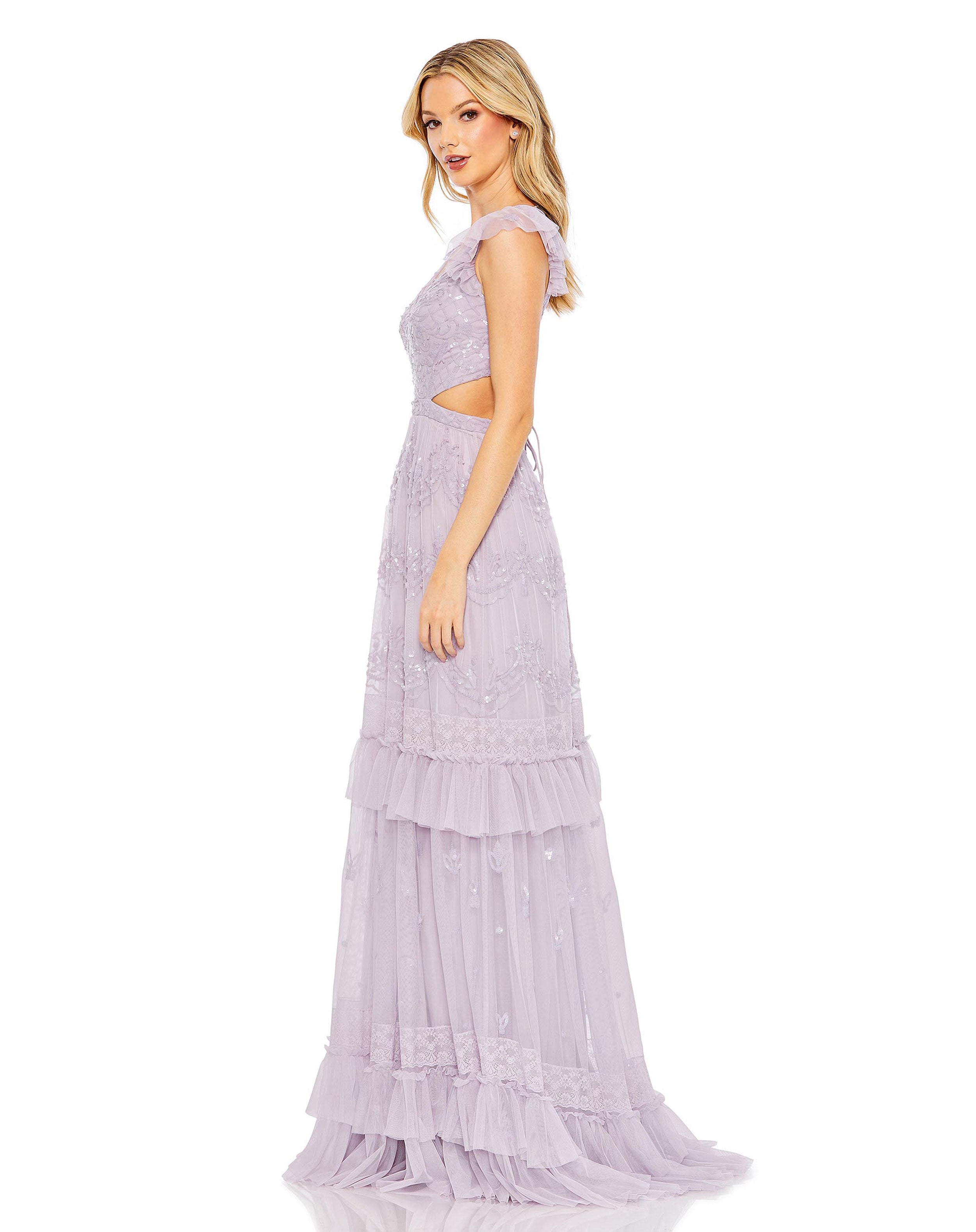Sequined Ruffled Cap Sleeve Cut Out Tiered Gown