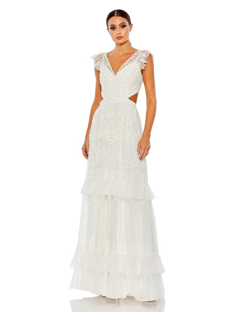 Sequined Ruffled Cap Sleeve Cut Out Tiered Gown - FINAL SALE