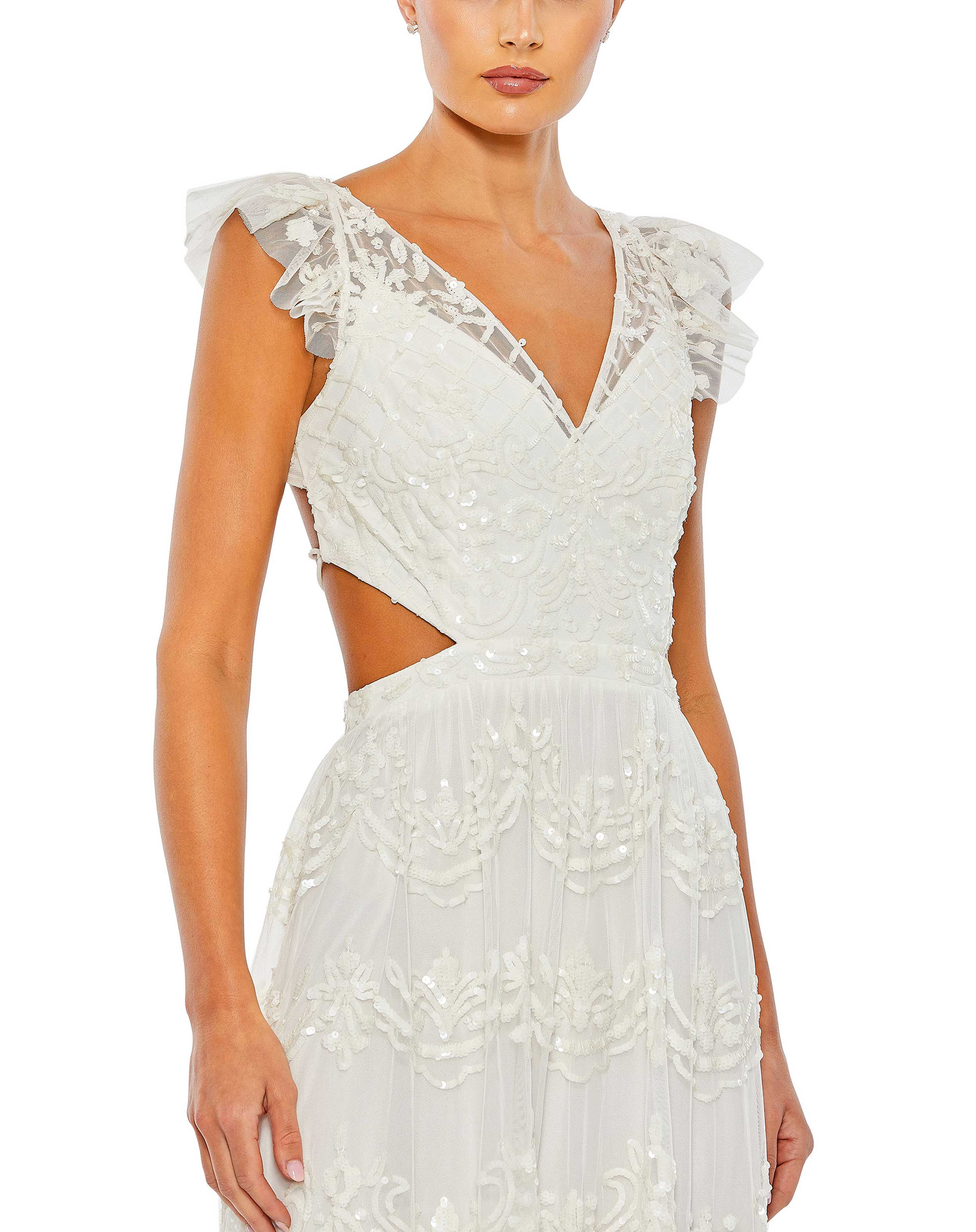 Sequined Ruffled Cap Sleeve Cut Out Tiered Gown