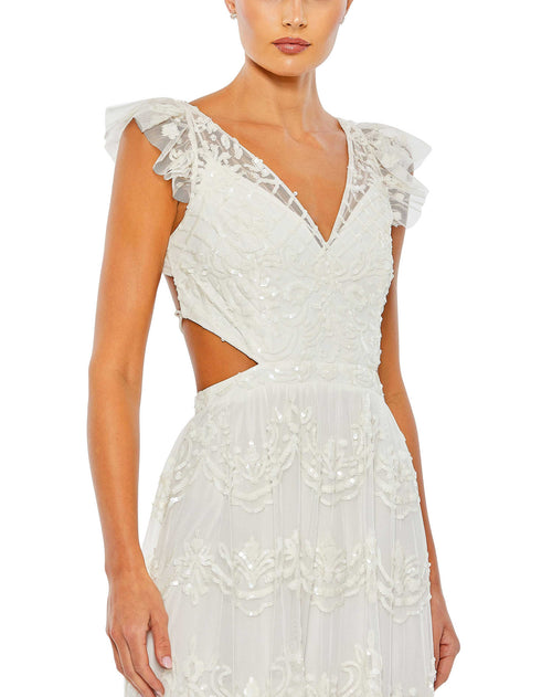 Sequined Ruffled Cap Sleeve Cut Out Tiered Gown - FINAL SALE