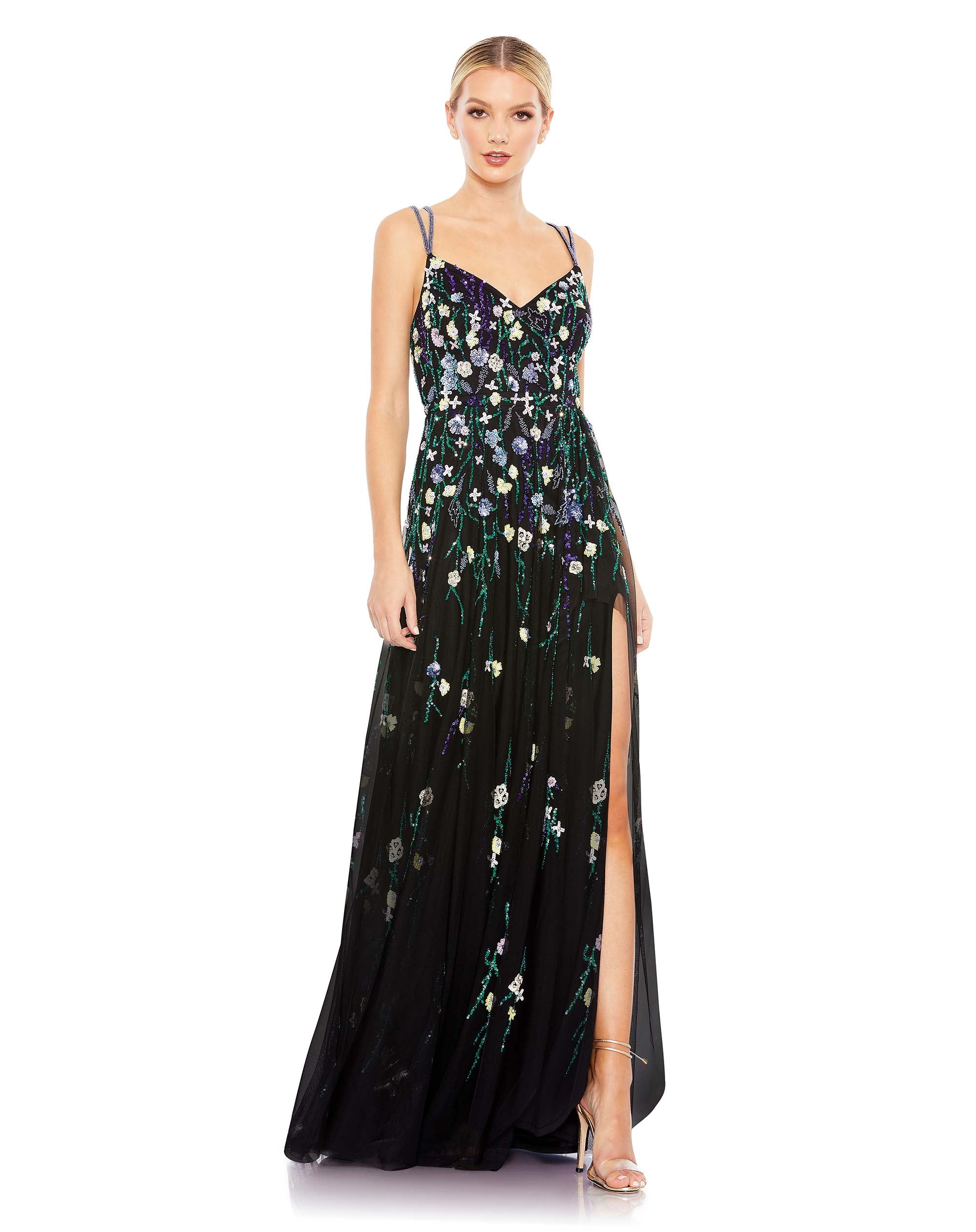 Embellished Spaghetti Strap V Neck A Line Gown