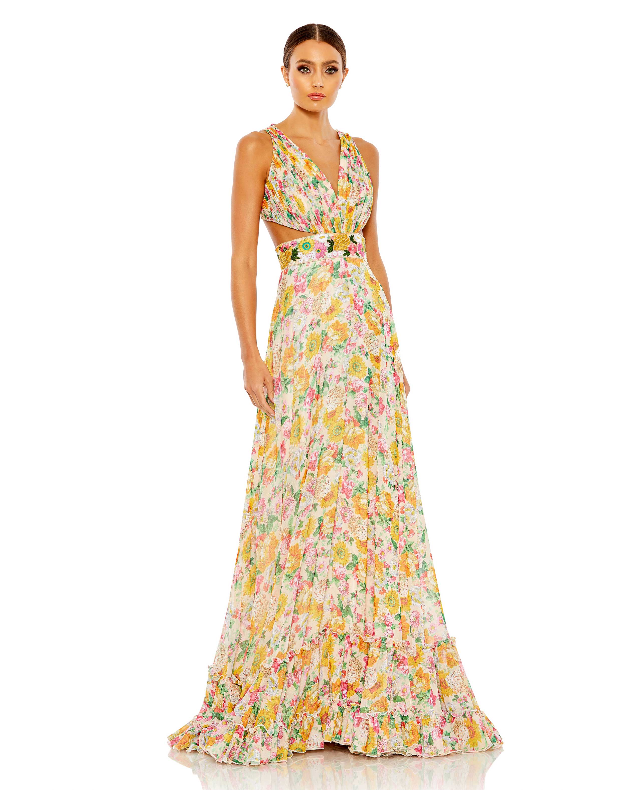 Floral Print Cut Out Lace Up Tiered Gown - FINAL SALE