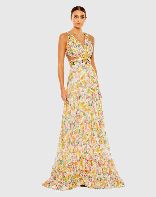 Floral Print Cut Out Lace Up Tiered Gown - FINAL SALE