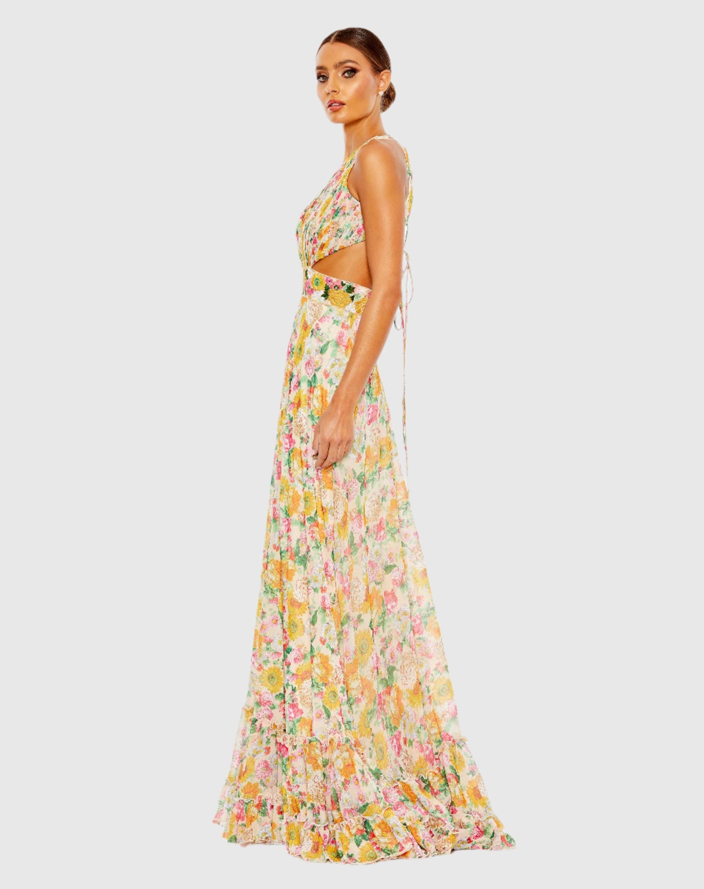 Vestido com recortes florais e renda em camadas - VENDA FINAL