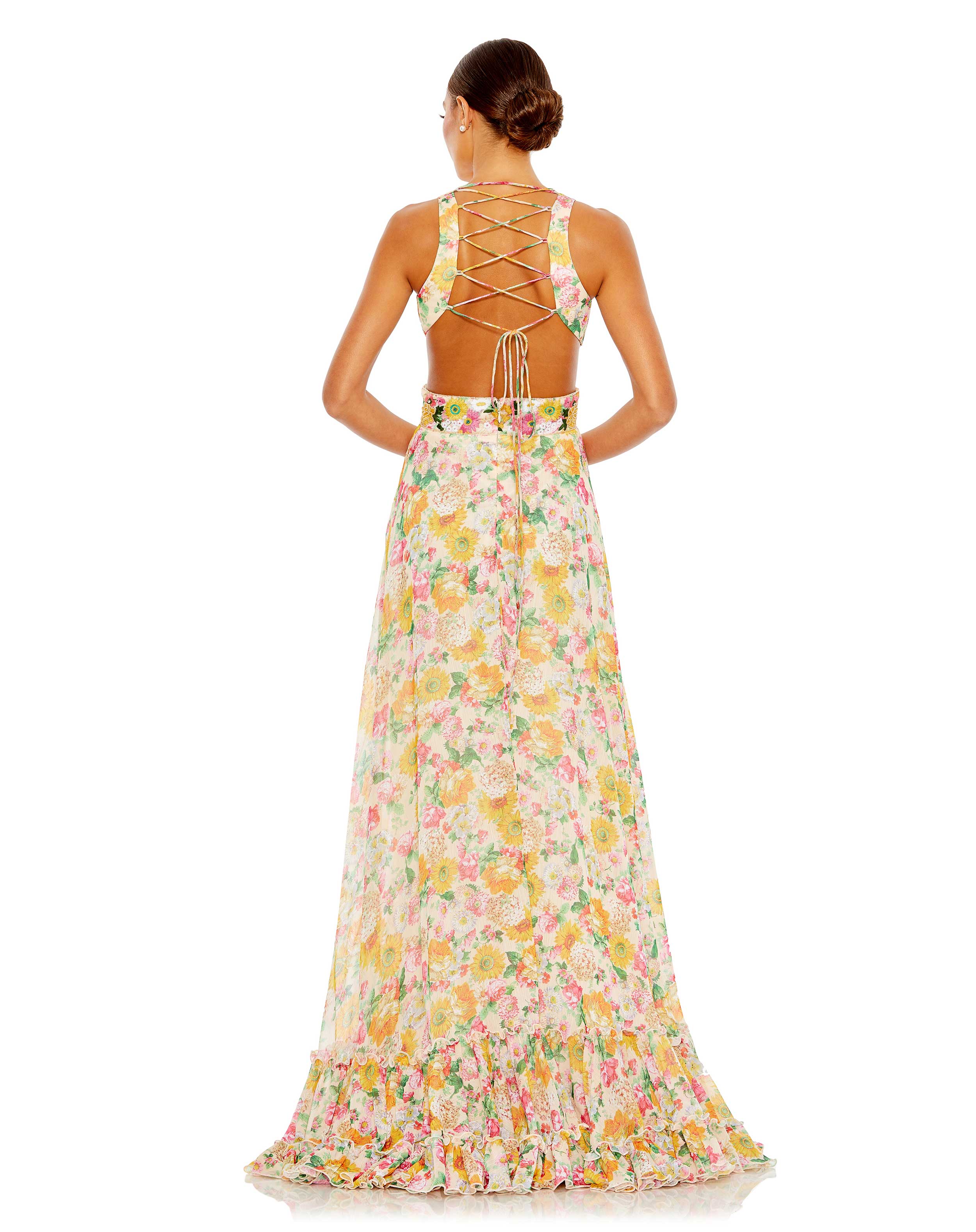 Floral Print Cut Out Lace Up Tiered Gown