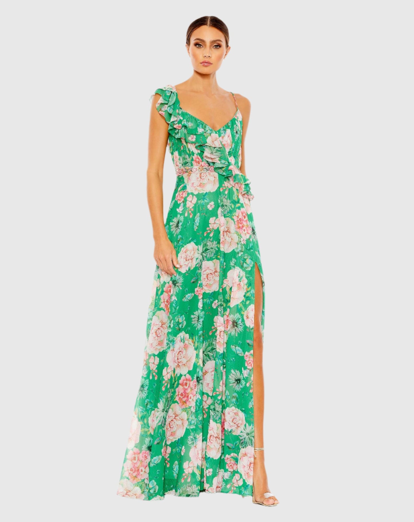 Floral Print Ruffled Wrap Over A Line Gown