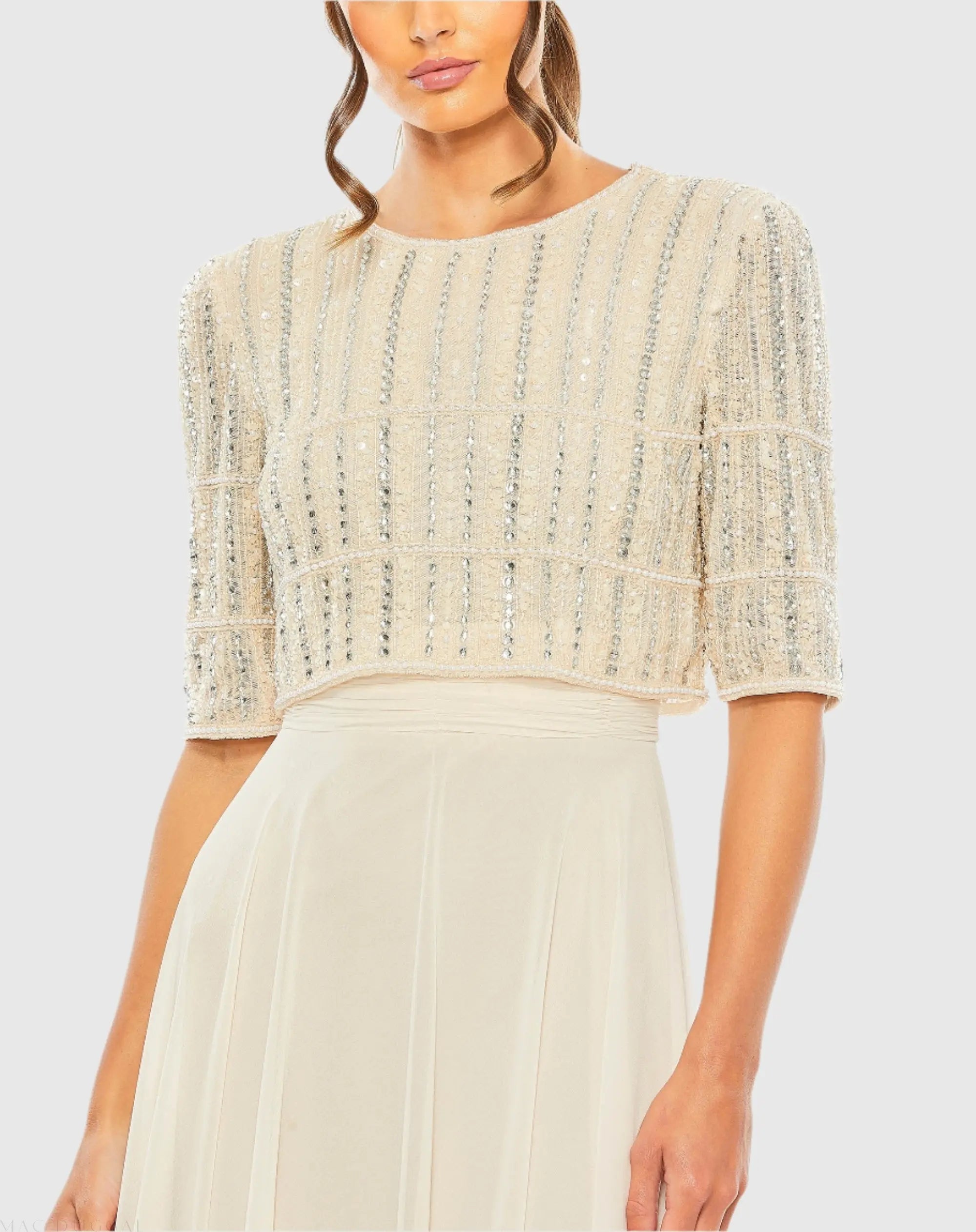Beige Chiffon Gown w/ Fully Beaded 3/4 Sleeve Top - Mac Duggal