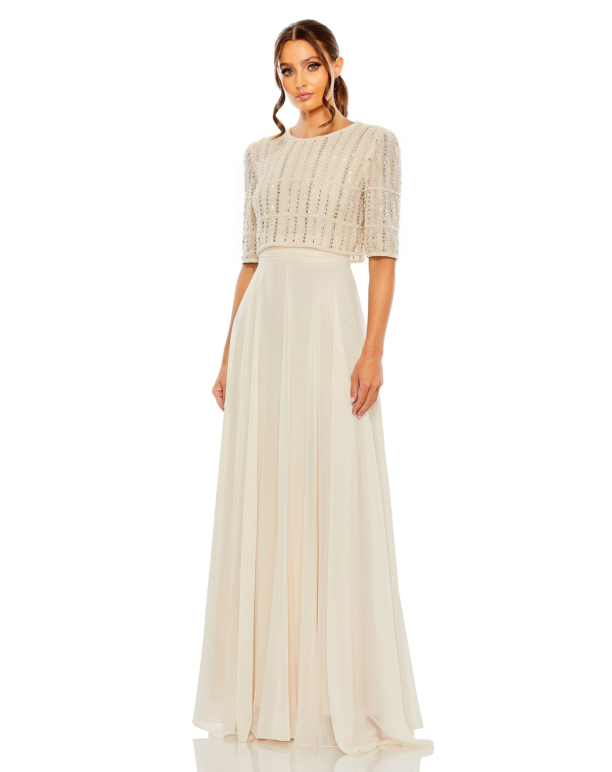 Chiffon Gown w/ Fully Beaded 1/4 Sleeve Top